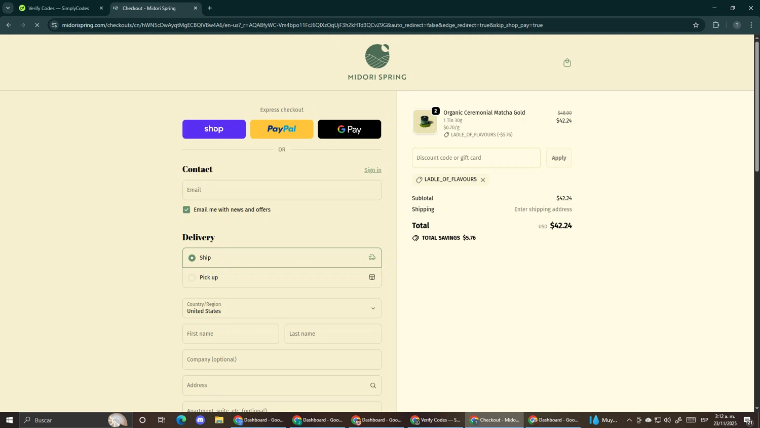 Midori Spring discount code screenshot showing code LADLE_OF_FLAVOURS applied at Midori Spring checkout page. Uploaded by SimplyCodes community member Makemusic on Nov 23, 2025
