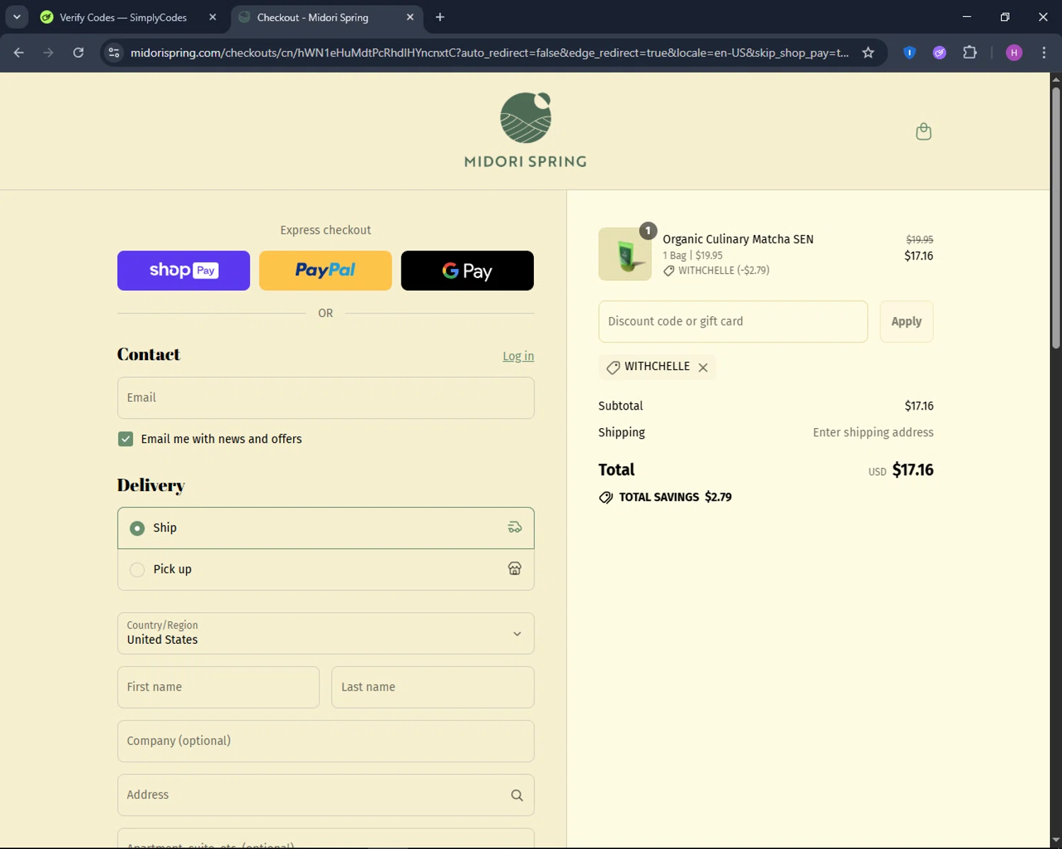 Midori Spring discount code screenshot showing code WITHCHELLE applied at Midori Spring checkout page. Uploaded by SimplyCodes community member TokenNavigator6891 on Aug 10, 2025