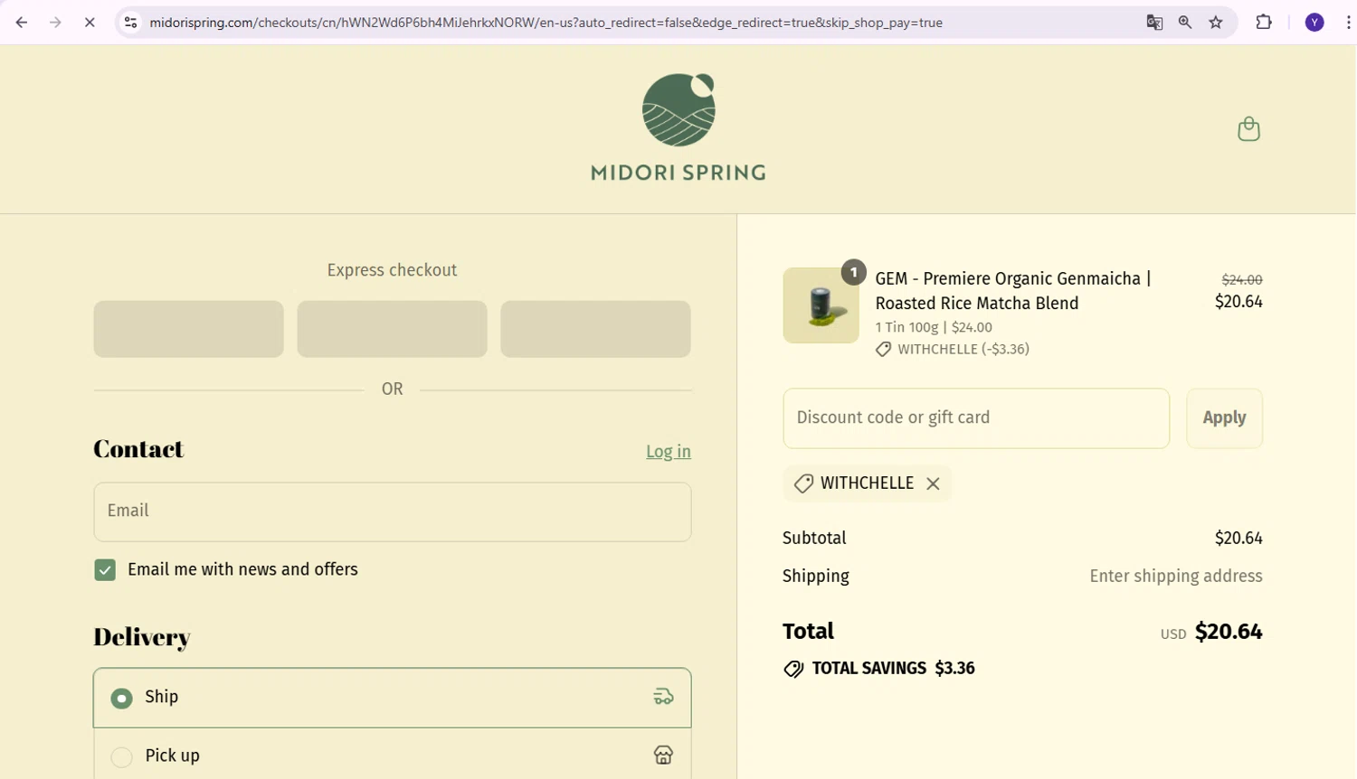 Midori Spring discount code screenshot showing code WITHCHELLE applied at Midori Spring checkout page. Uploaded by SimplyCodes community member Yabriel007 on Sep 2, 2025