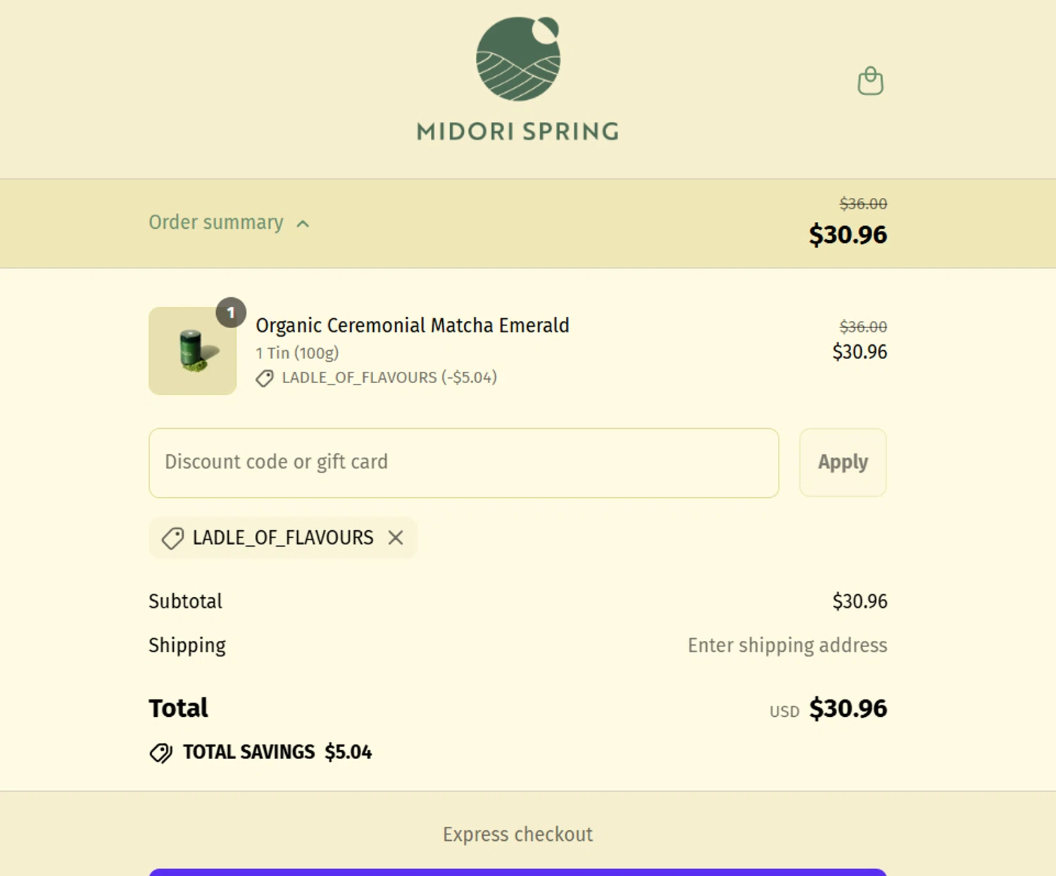 Midori Spring discount code screenshot showing code LADLE_OF_FLAVOURS applied at Midori Spring checkout page. Uploaded by SimplyCodes community member yokoono10 on Aug 10, 2025