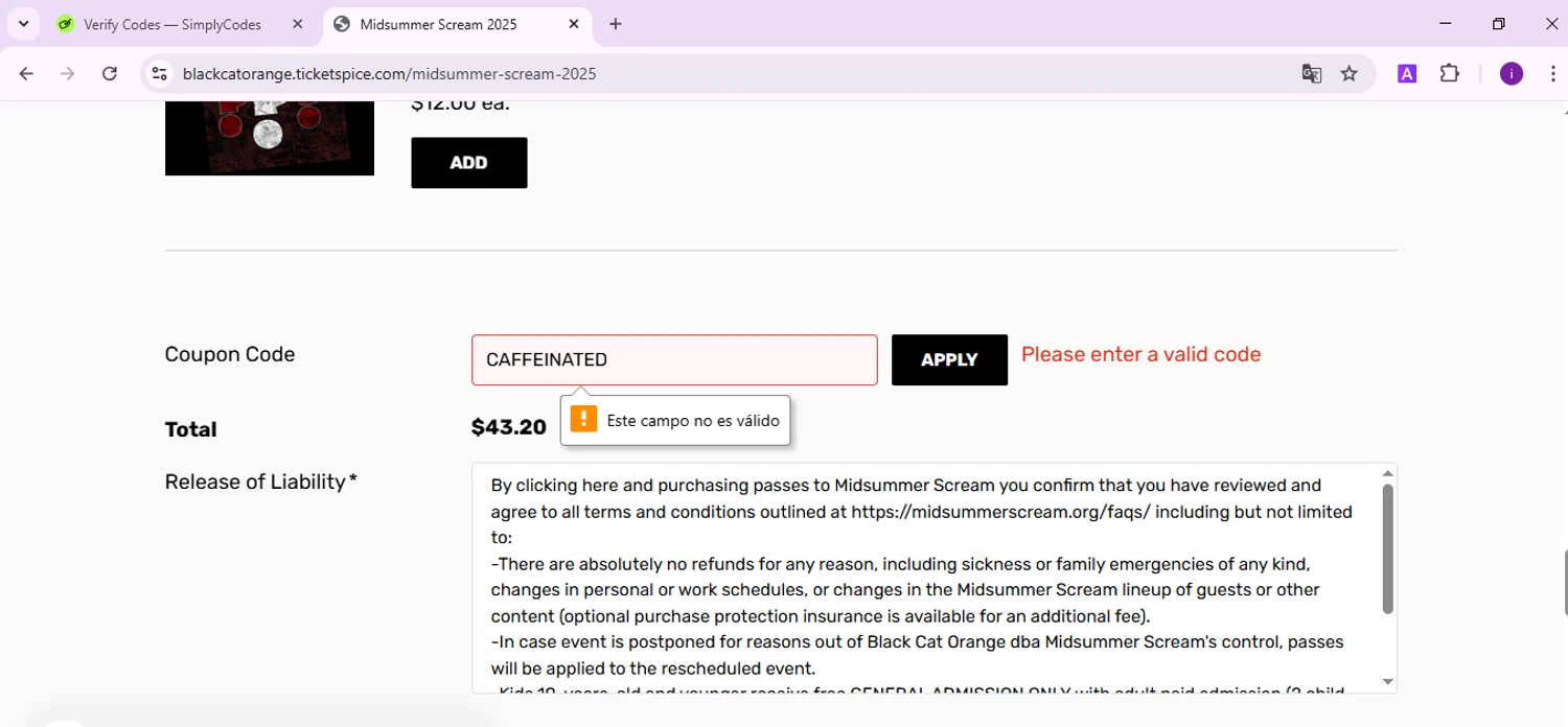 Midsummer Scream coupon code screenshot showing code CAFFEINATED applied at Midsummer Scream checkout page. Uploaded by SimplyCodes community member SalePro7215 on Mar 8, 2025
