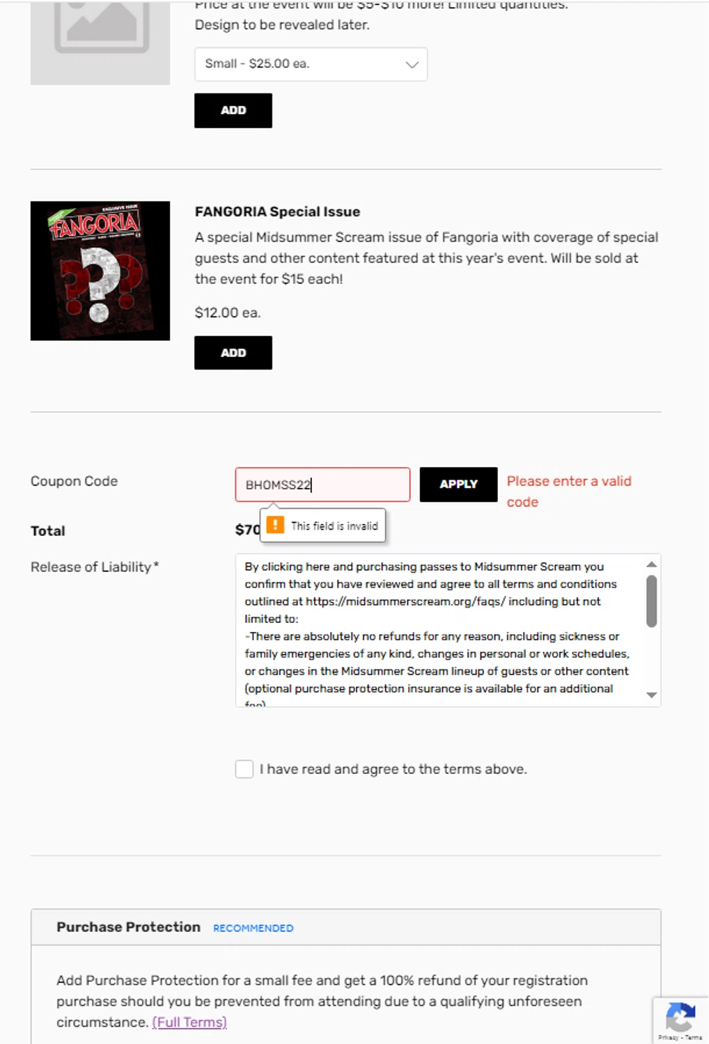 Midsummer Scream coupon code screenshot showing code BHOMSS22 applied at Midsummer Scream checkout page. Uploaded by SimplyCodes community member CashSaver3941 on Mar 10, 2025