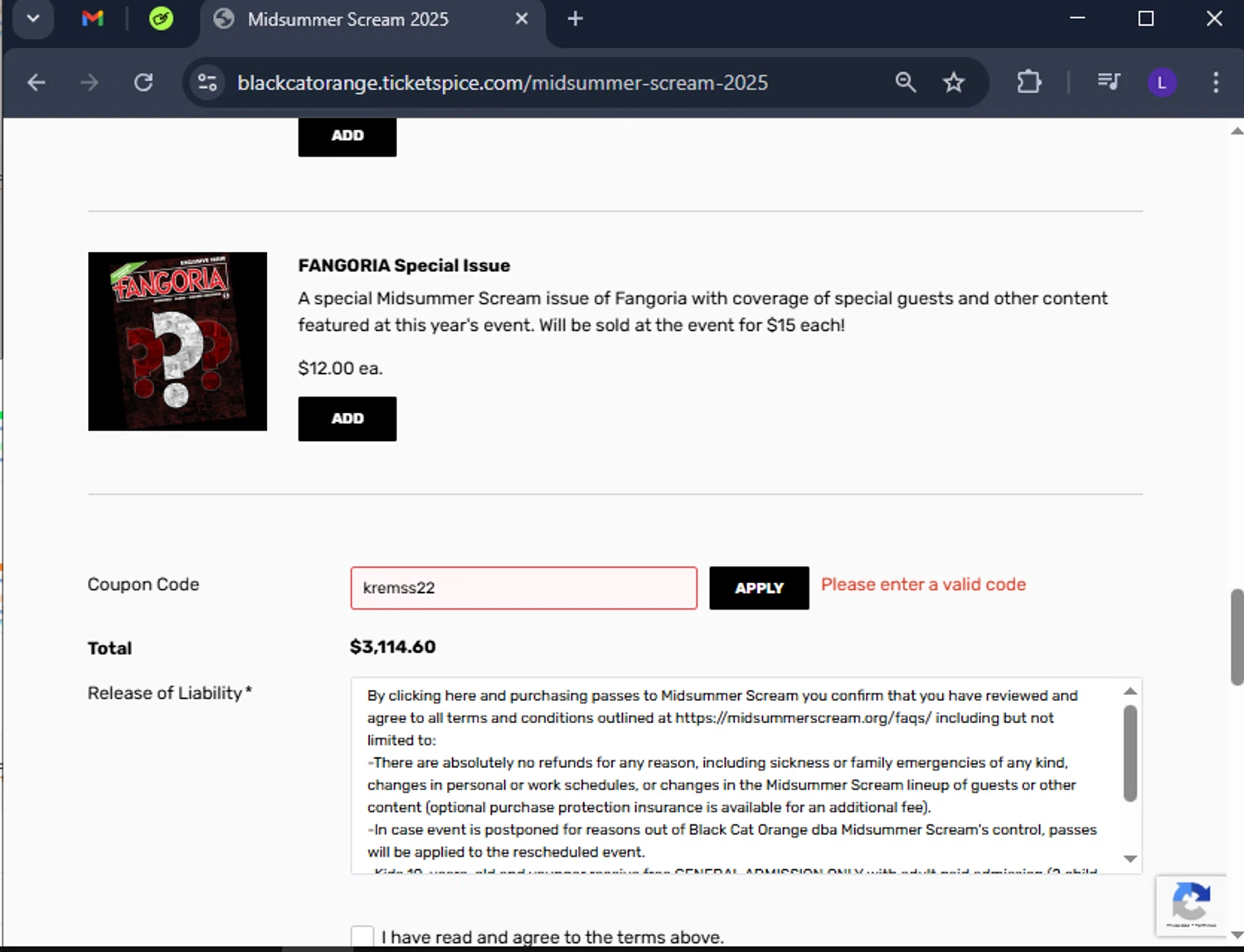 Midsummer Scream coupon code screenshot showing code kremss22 applied at Midsummer Scream checkout page. Uploaded by SimplyCodes community member CoinElite8726 on Mar 8, 2025
