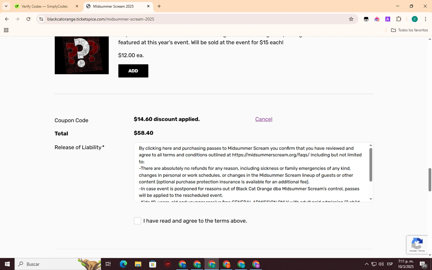 Midsummer Scream coupon code screenshot showing code terrorfilms applied at Midsummer Scream checkout page. Uploaded by SimplyCodes community member EpicSpotter3493 on Mar 10, 2025