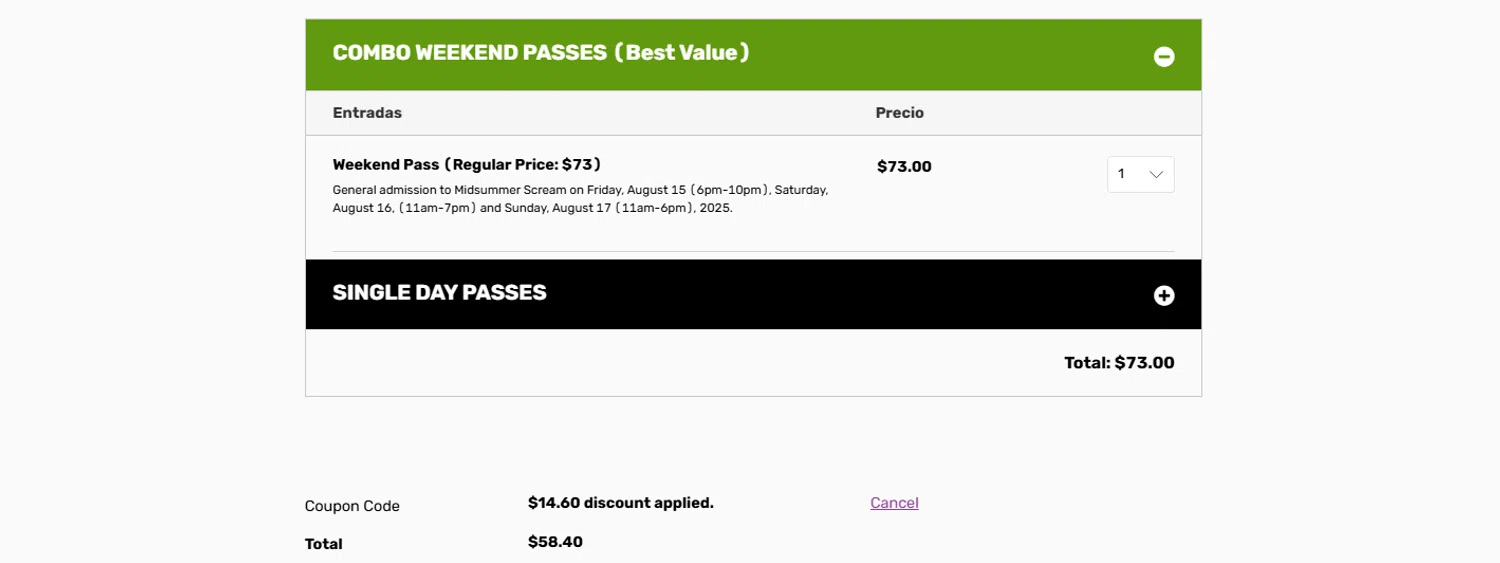 Midsummer Scream coupon code screenshot showing code KREEPSVILLE applied at Midsummer Scream checkout page. Uploaded by SimplyCodes community member OnlywM on Mar 21, 2025