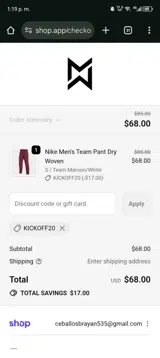 KICKOFF20 coupon verification screenshot