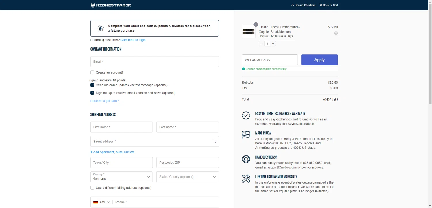 Midwest Armor discount code screenshot showing code WELCOMEBACK applied at Midwest Armor checkout page. Uploaded by SimplyCodes community member TreasureKnight4134 on Jun 23, 2025