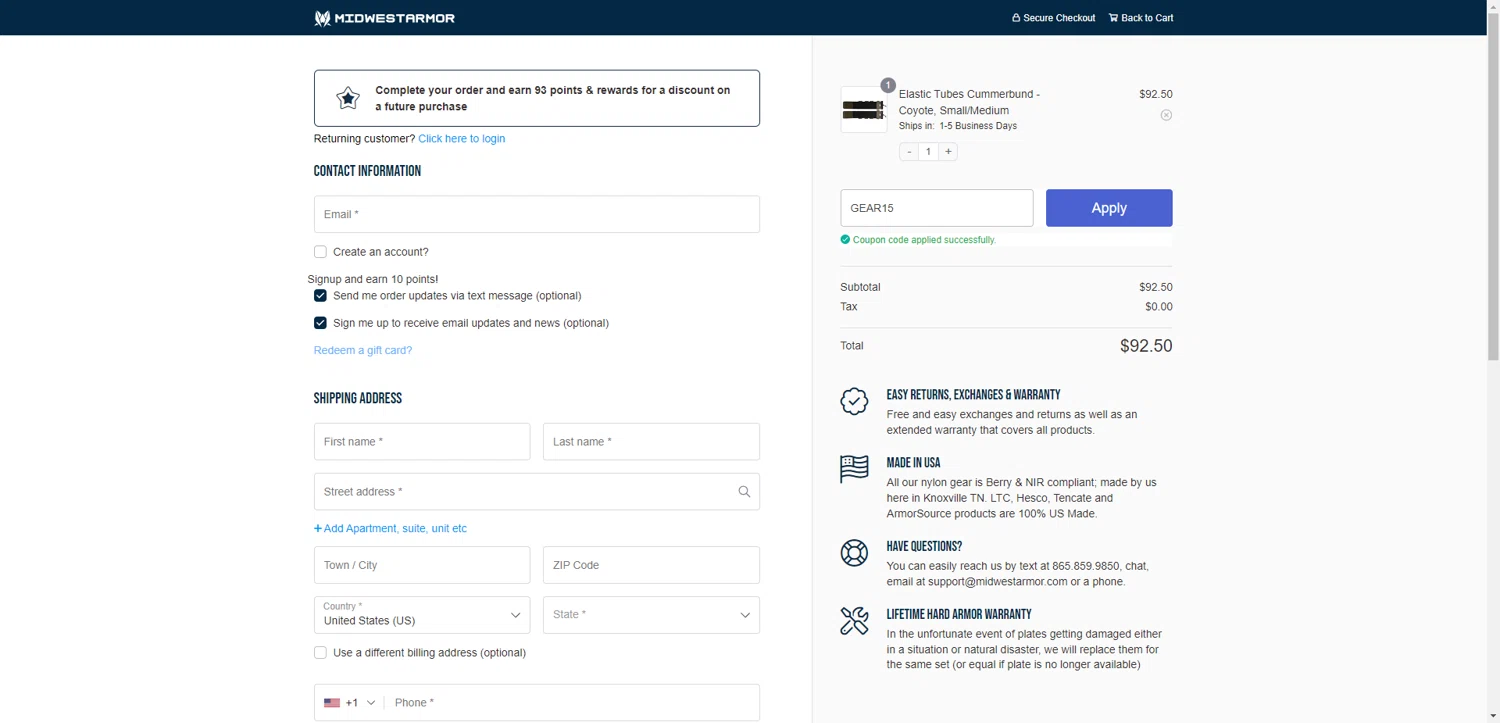 Midwest Armor discount code screenshot showing code GEAR15 applied at Midwest Armor checkout page. Uploaded by SimplyCodes community member PennyRanger8219 on Jun 23, 2025