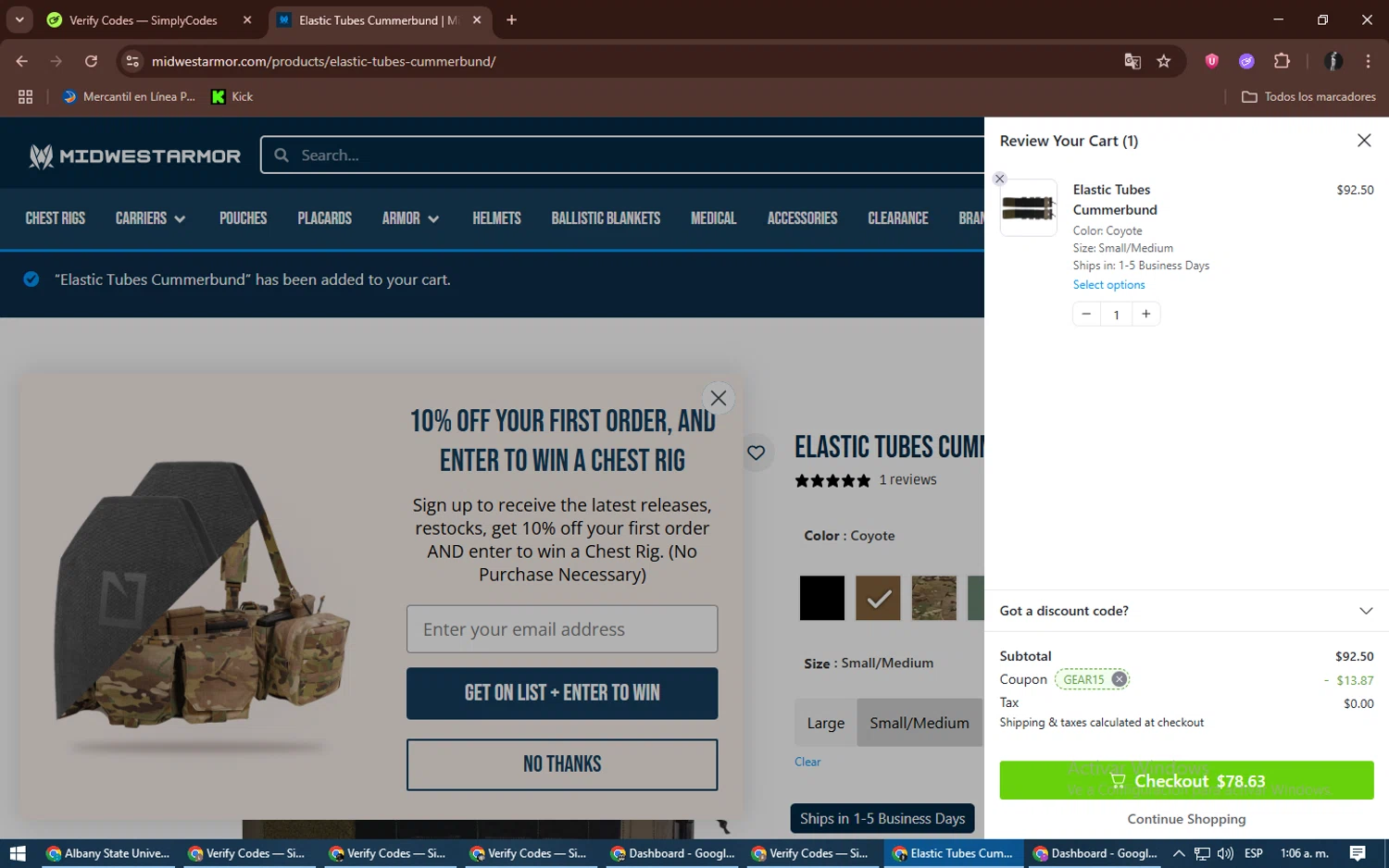 Midwest Armor discount code screenshot showing code GEAR15 applied at Midwest Armor checkout page. Uploaded by SimplyCodes community member alexdaal on Jun 30, 2025