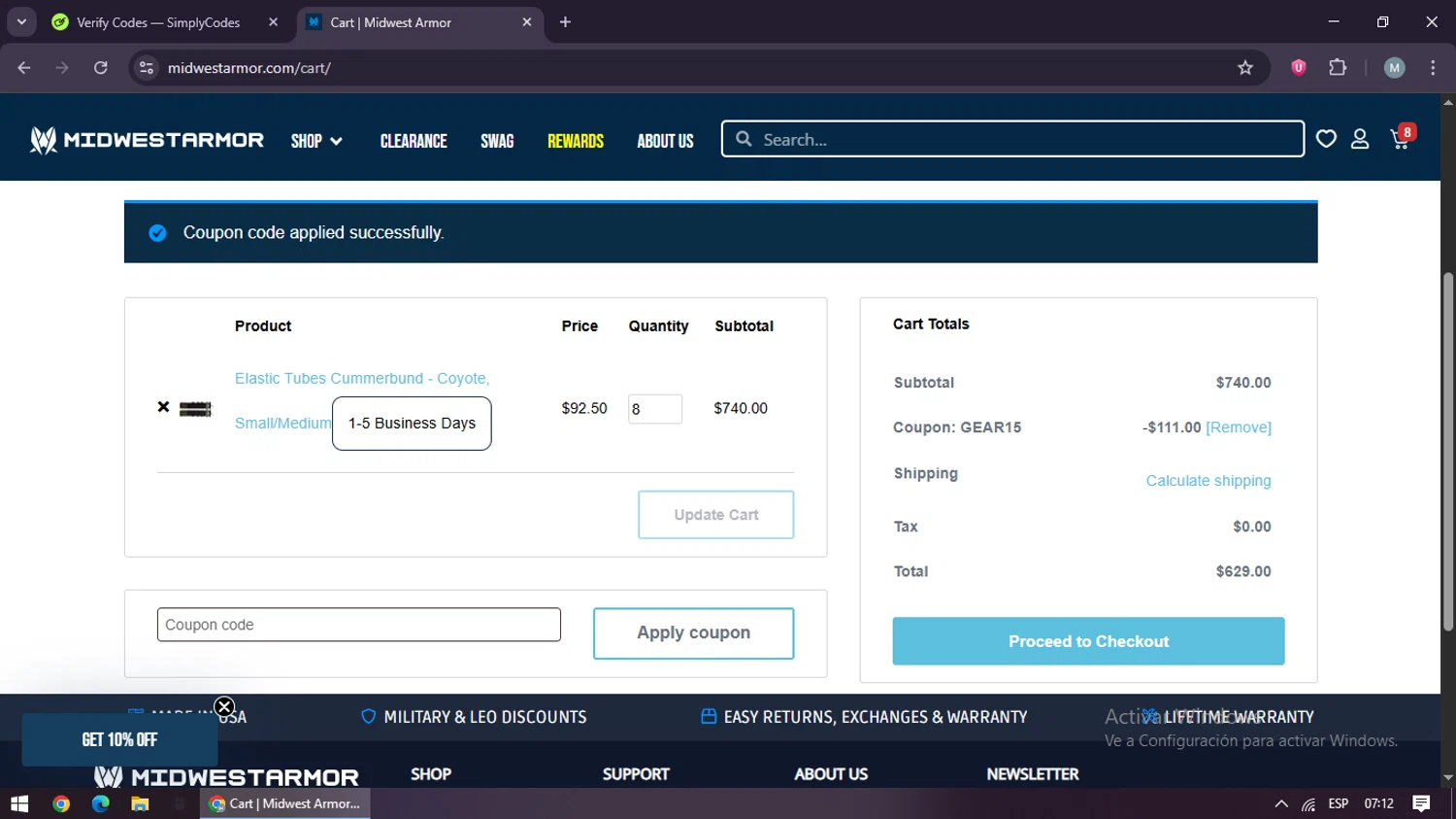 Midwest Armor discount code screenshot showing code GEAR15 applied at Midwest Armor checkout page. Uploaded by SimplyCodes community member maraxo on Jul 29, 2025