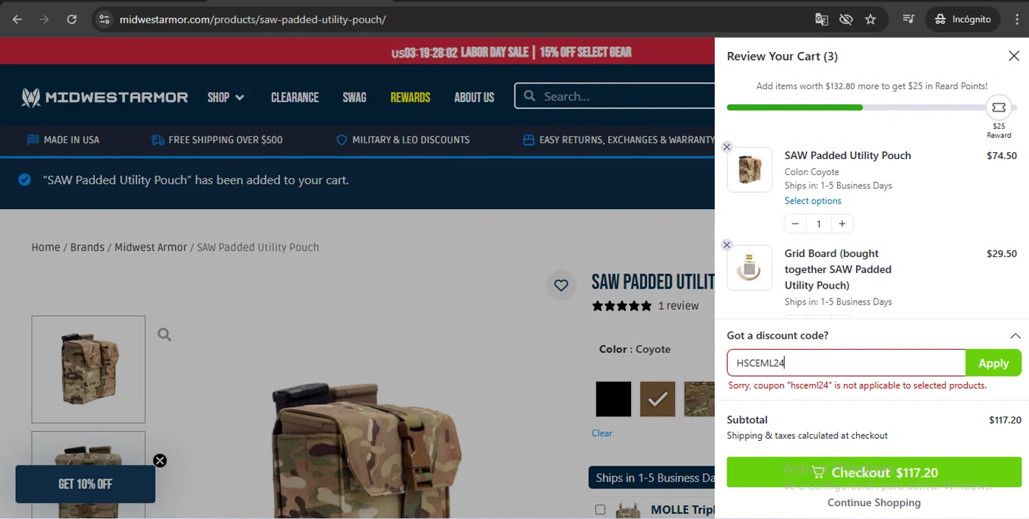 Midwest Armor discount code screenshot showing code HSCEML24 applied at Midwest Armor checkout page. Uploaded by SimplyCodes community member UchihaMadara on Aug 30, 2025