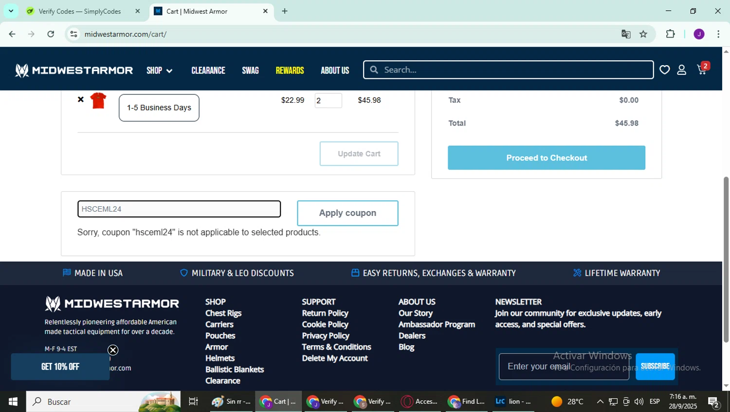 Midwest Armor discount code screenshot showing code HSCEML24 applied at Midwest Armor checkout page. Uploaded by SimplyCodes community member YutakaH0shin0 on Sep 28, 2025