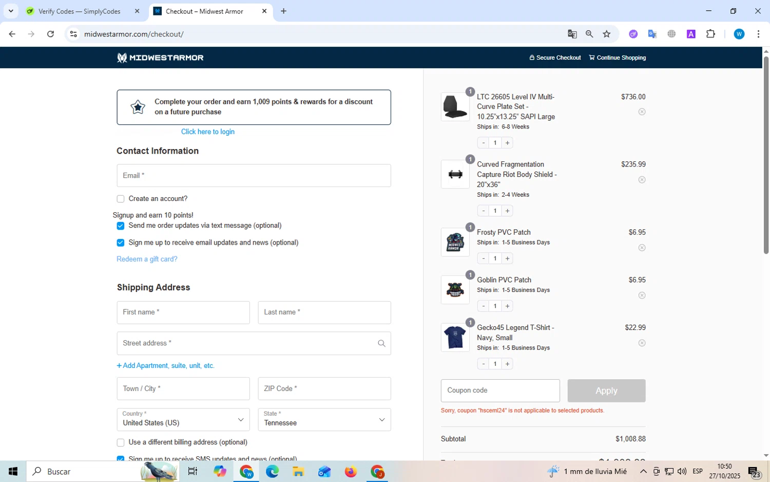 Midwest Armor discount code screenshot showing code HSCEML24 applied at Midwest Armor checkout page. Uploaded by SimplyCodes community member kuromii on Oct 27, 2025