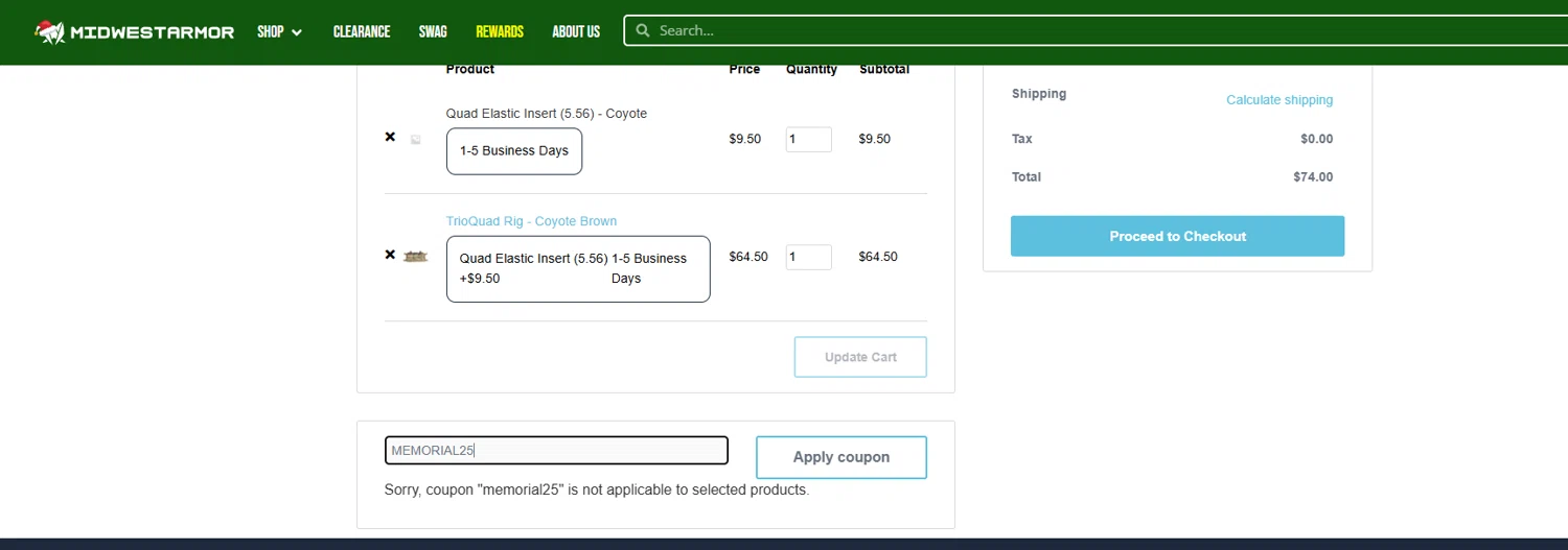Midwest Armor checkout page showing Midwest Armor discount code box | Screenshot taken by SimplyCodes community member on Dec 15, 2025