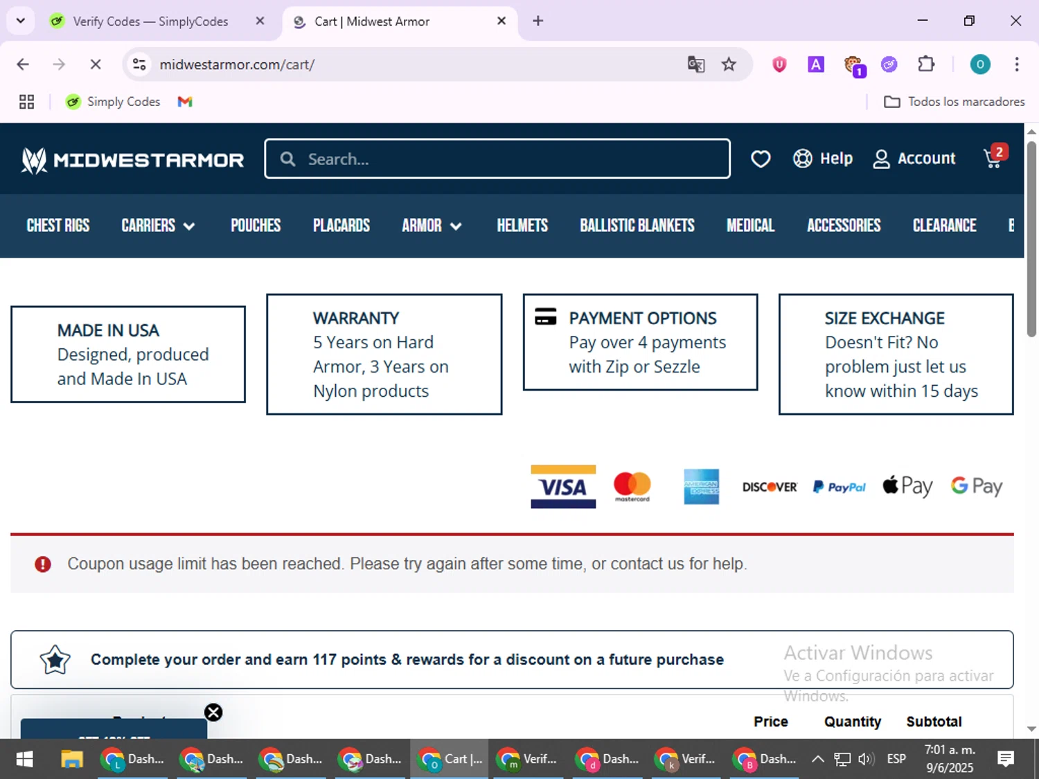 Midwest Armor discount code screenshot showing code TAKE15 applied at Midwest Armor checkout page. Uploaded by SimplyCodes community member BudgetSeeker9524 on Jun 9, 2025