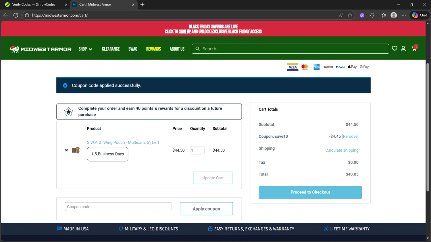 Midwest Armor discount code screenshot showing code SAVE10 applied at Midwest Armor checkout page. Uploaded by SimplyCodes community member MightyHunter5940 on Nov 22, 2025