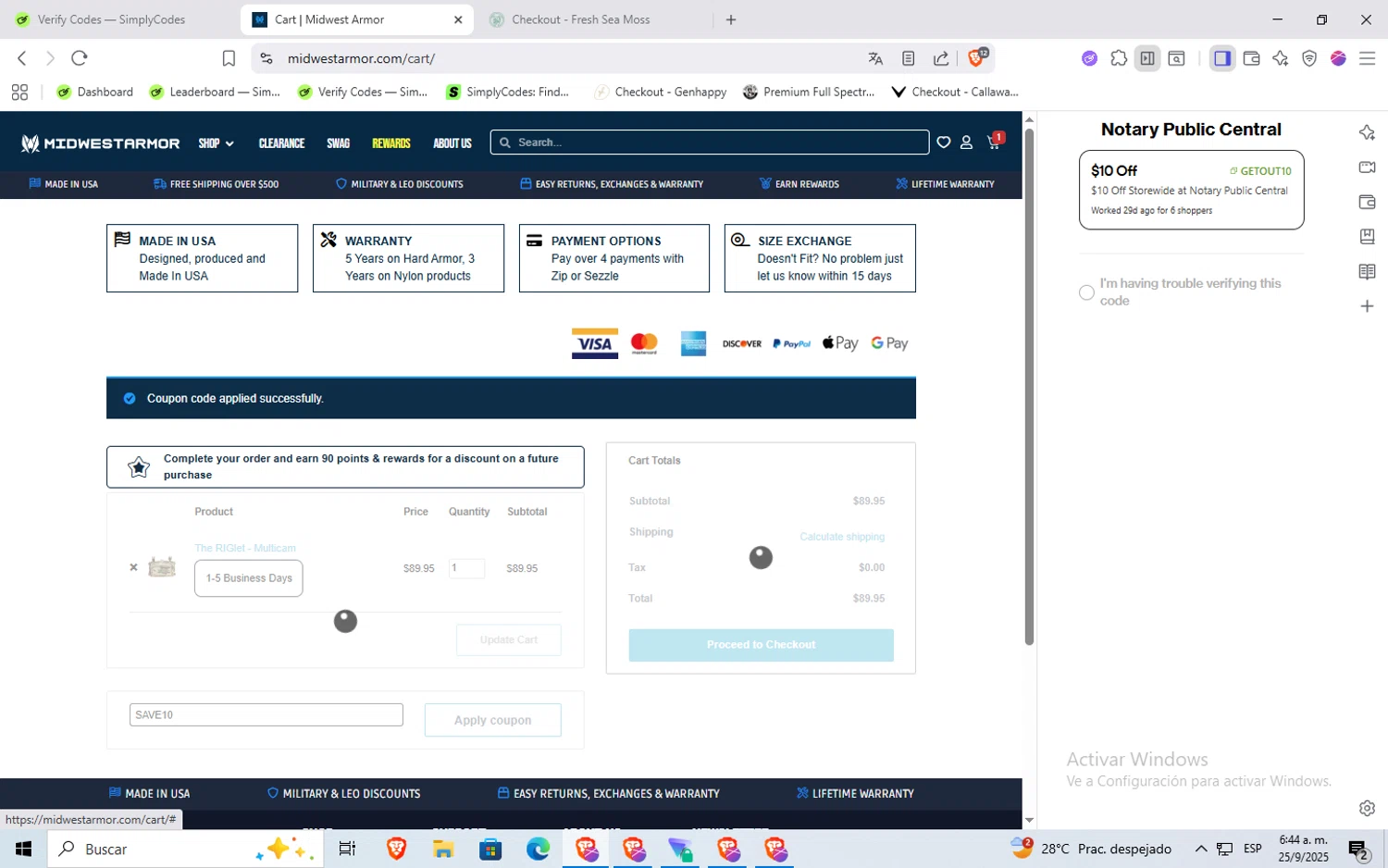 Midwest Armor discount code screenshot showing code SAVE10 applied at Midwest Armor checkout page. Uploaded by SimplyCodes community member Rayyyyyy on Sep 25, 2025