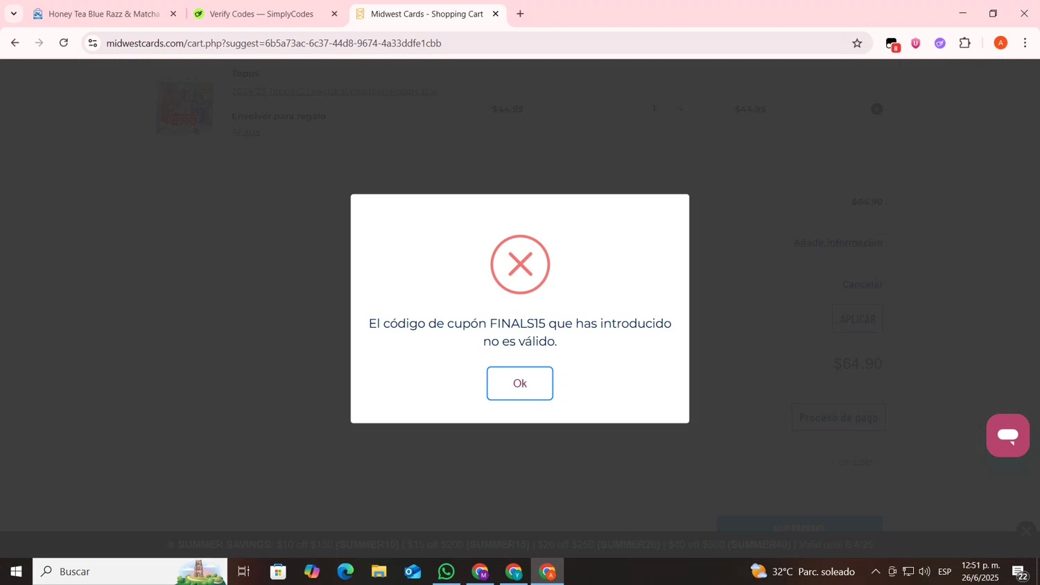 Midwest Cards coupon code screenshot showing code FINALS15 applied at Midwest Cards checkout page. Uploaded by SimplyCodes community member FrugalSentinel6206 on Jun 26, 2025