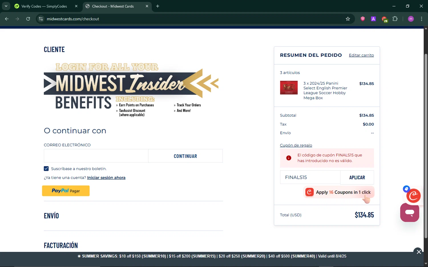 Midwest Cards coupon code screenshot showing code FINALS15 applied at Midwest Cards checkout page. Uploaded by SimplyCodes community member TokenChaser4876 on Jun 26, 2025