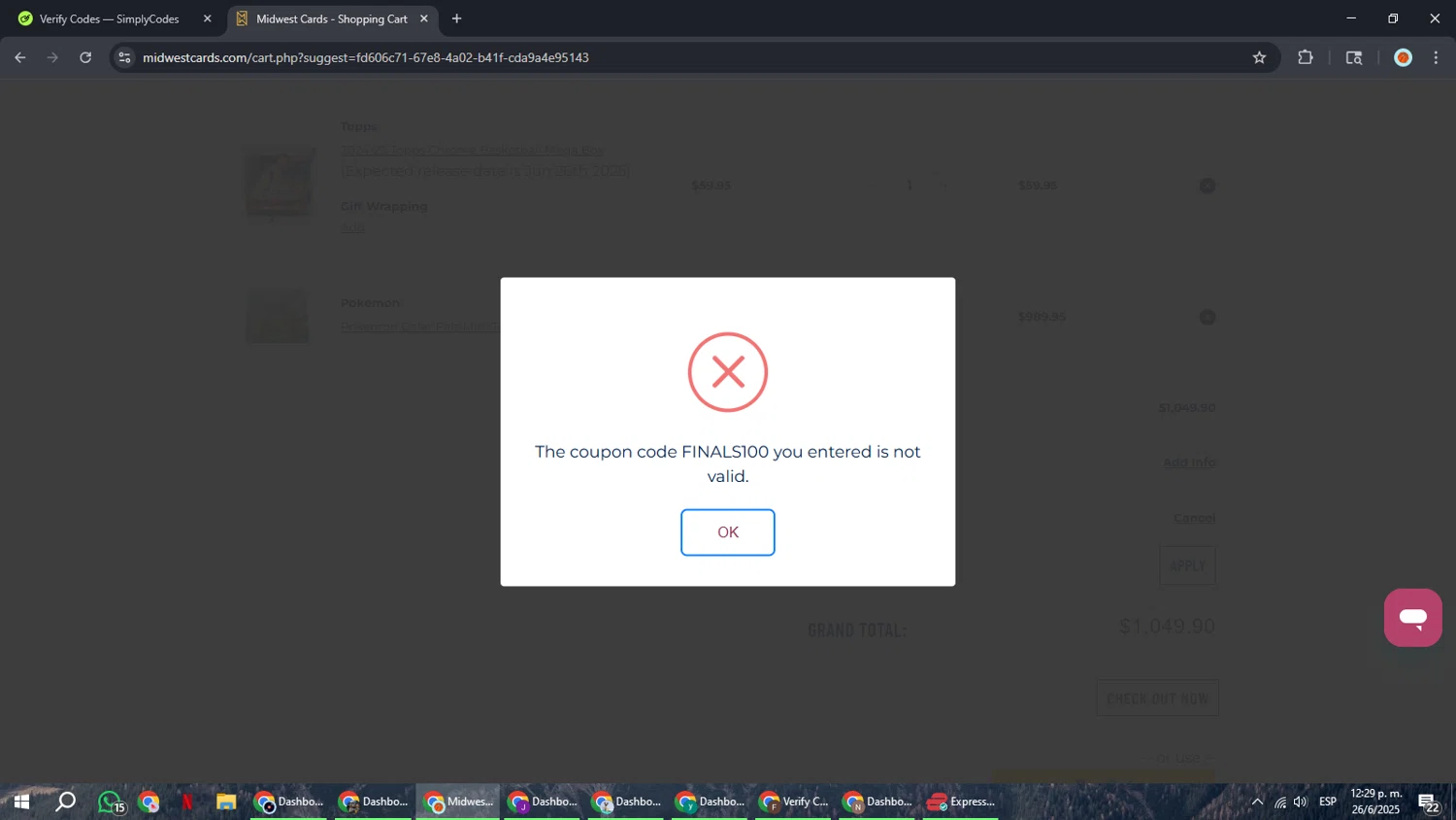 Midwest Cards coupon code screenshot showing code FINALS100 applied at Midwest Cards checkout page. Uploaded by SimplyCodes community member BonusCaptain9927 on Jun 26, 2025