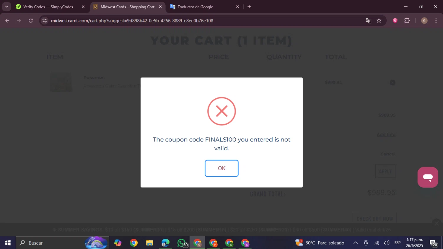 Midwest Cards coupon code screenshot showing code FINALS100 applied at Midwest Cards checkout page. Uploaded by SimplyCodes community member BrilliantTracker4207 on Jun 26, 2025