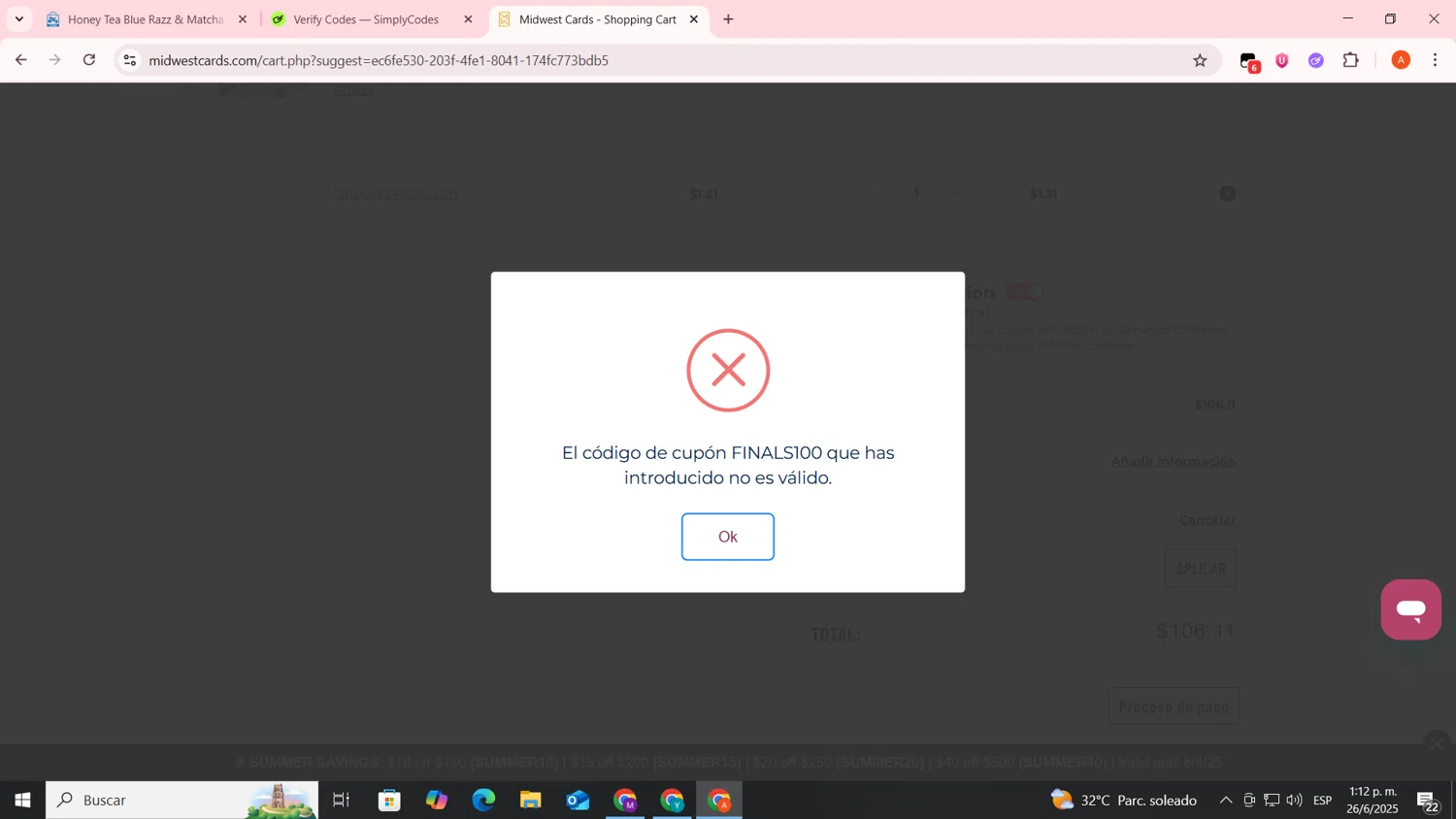 Midwest Cards coupon code screenshot showing code FINALS100 applied at Midwest Cards checkout page. Uploaded by SimplyCodes community member FrugalSentinel6206 on Jun 26, 2025