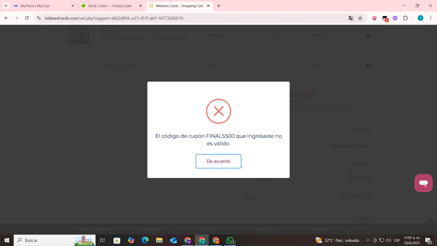 Midwest Cards coupon code screenshot showing code FINALS500 applied at Midwest Cards checkout page. Uploaded by SimplyCodes community member codygakpo on Jun 26, 2025