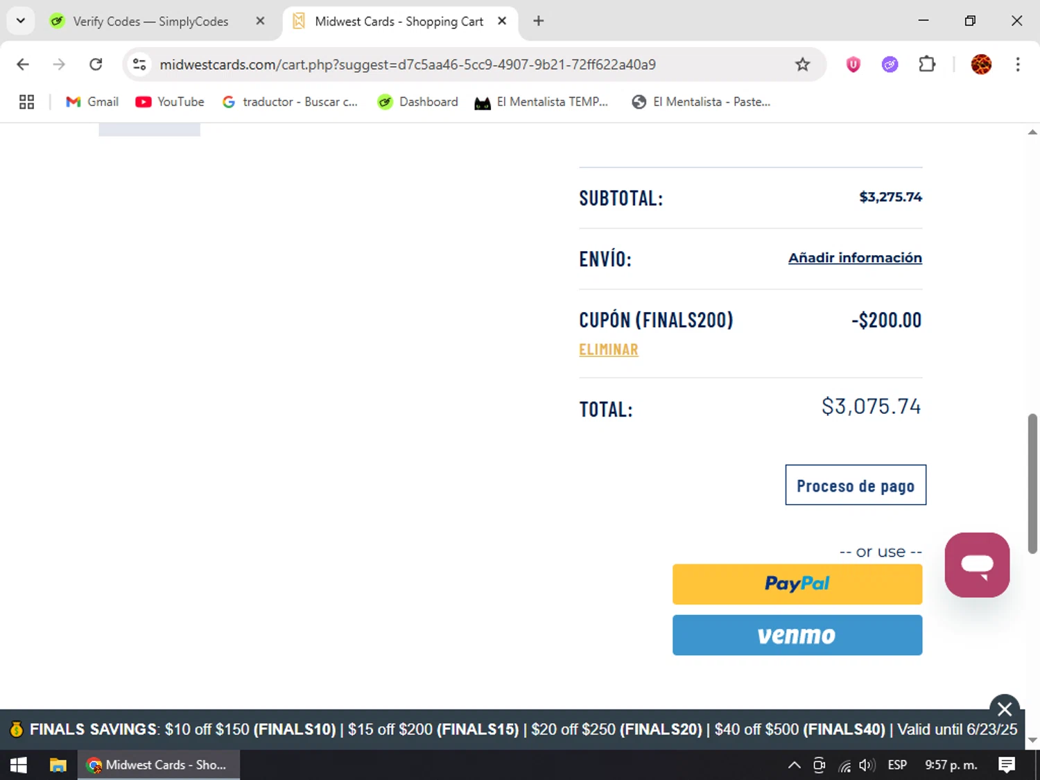 Midwest Cards coupon code screenshot showing code FINALS200 applied at Midwest Cards checkout page. Uploaded by SimplyCodes community member Rodolfo on May 29, 2025