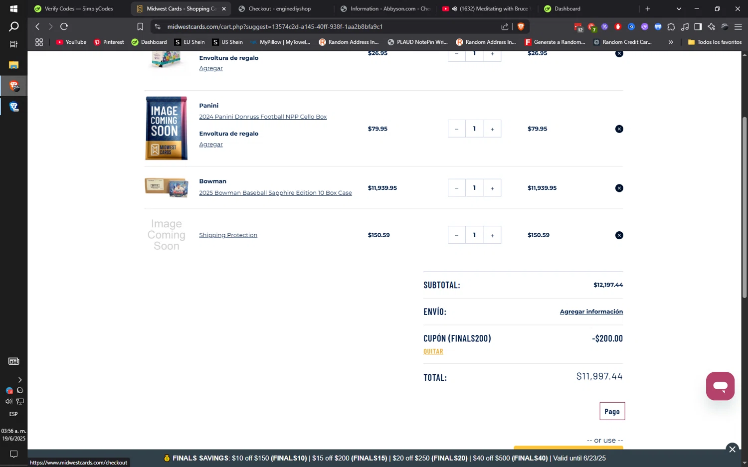 Midwest Cards coupon code screenshot showing code FINALS200 applied at Midwest Cards checkout page. Uploaded by SimplyCodes community member ilarrazaM1 on Jun 19, 2025