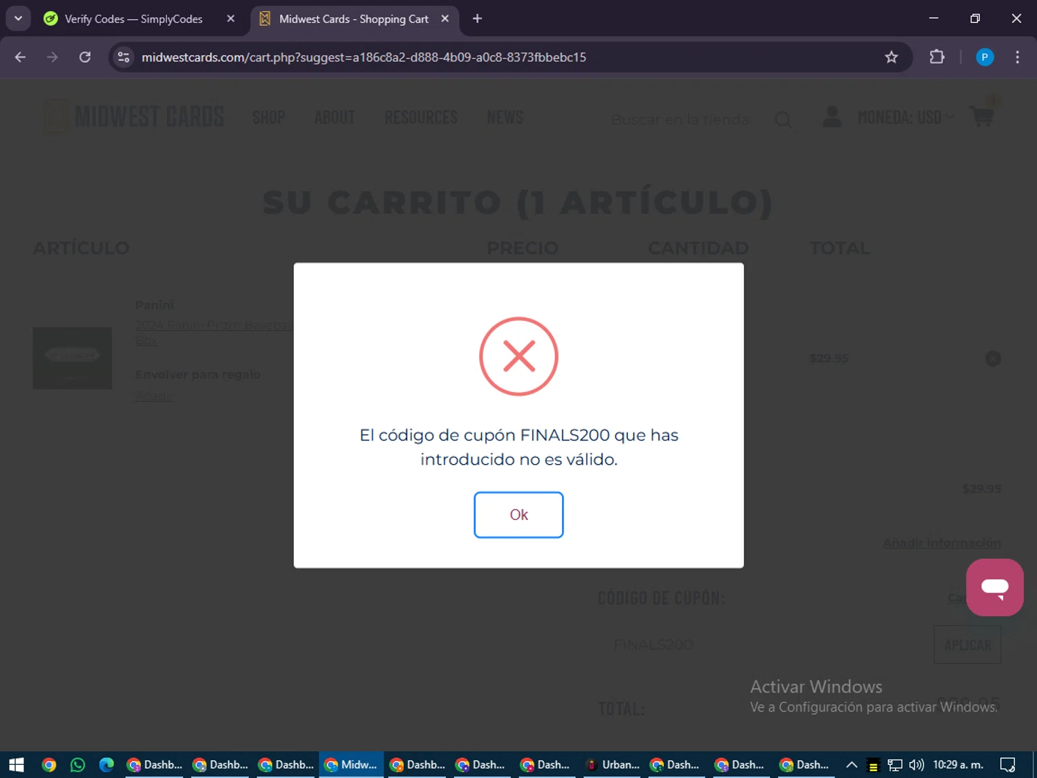 Midwest Cards coupon code screenshot showing code FINALS200 applied at Midwest Cards checkout page. Uploaded by SimplyCodes community member juiceWRLD on Jul 18, 2025