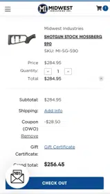 Midwest Industries Inc coupon verification screenshot