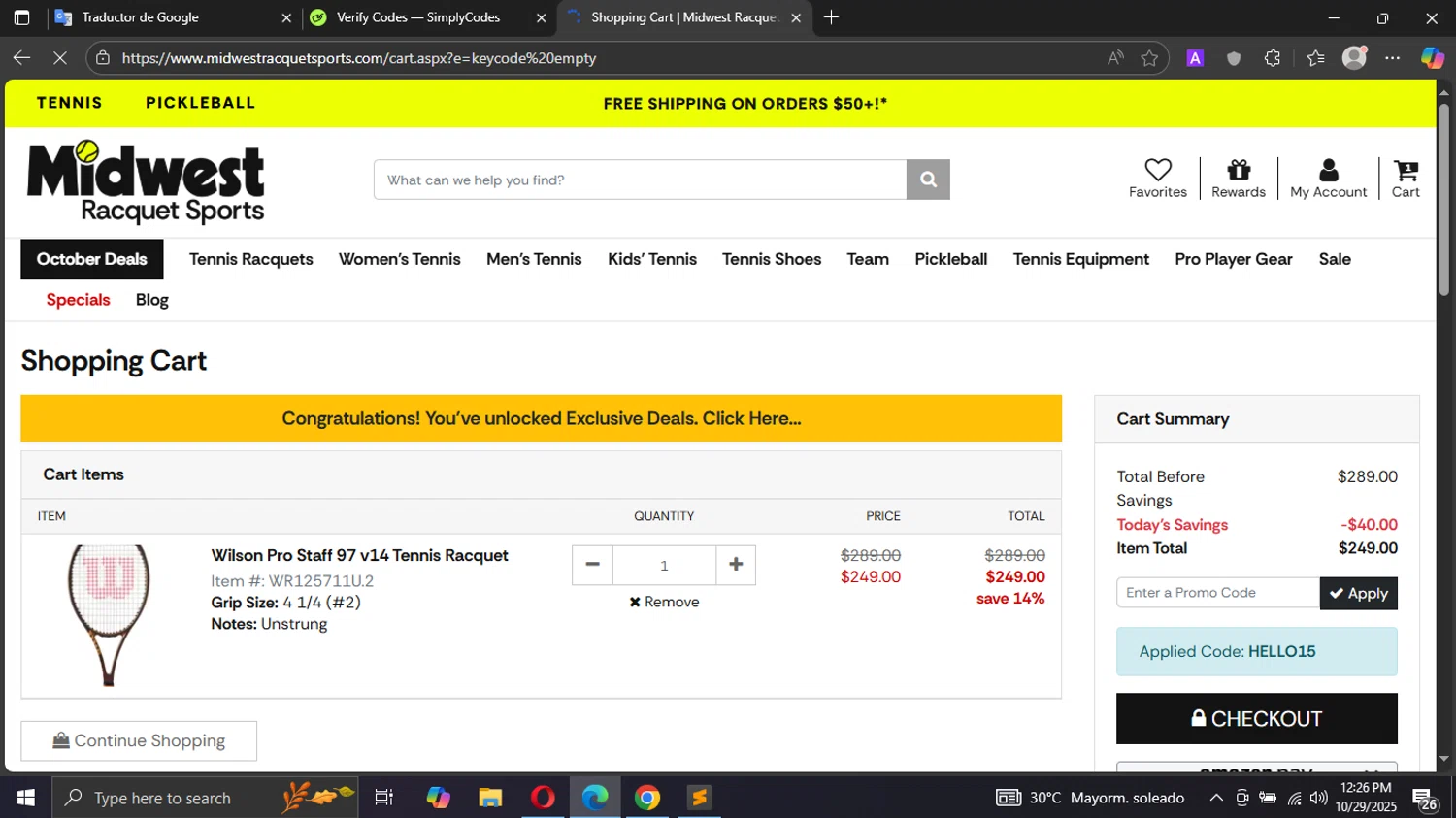 Midwest Racquet Sports promo code screenshot showing code HELLO15 applied at Midwest Racquet Sports checkout page. Uploaded by SimplyCodes community member Metal02Truck on Oct 29, 2025