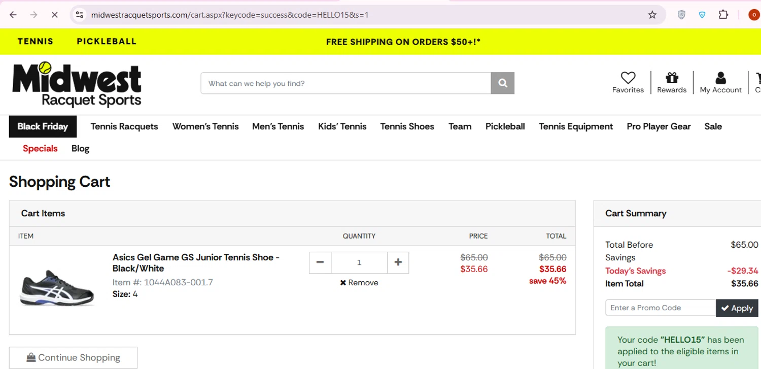 Midwest Racquet Sports promo code screenshot showing code HELLO15 applied at Midwest Racquet Sports checkout page. Uploaded by SimplyCodes community member carol_lameda on Nov 27, 2025