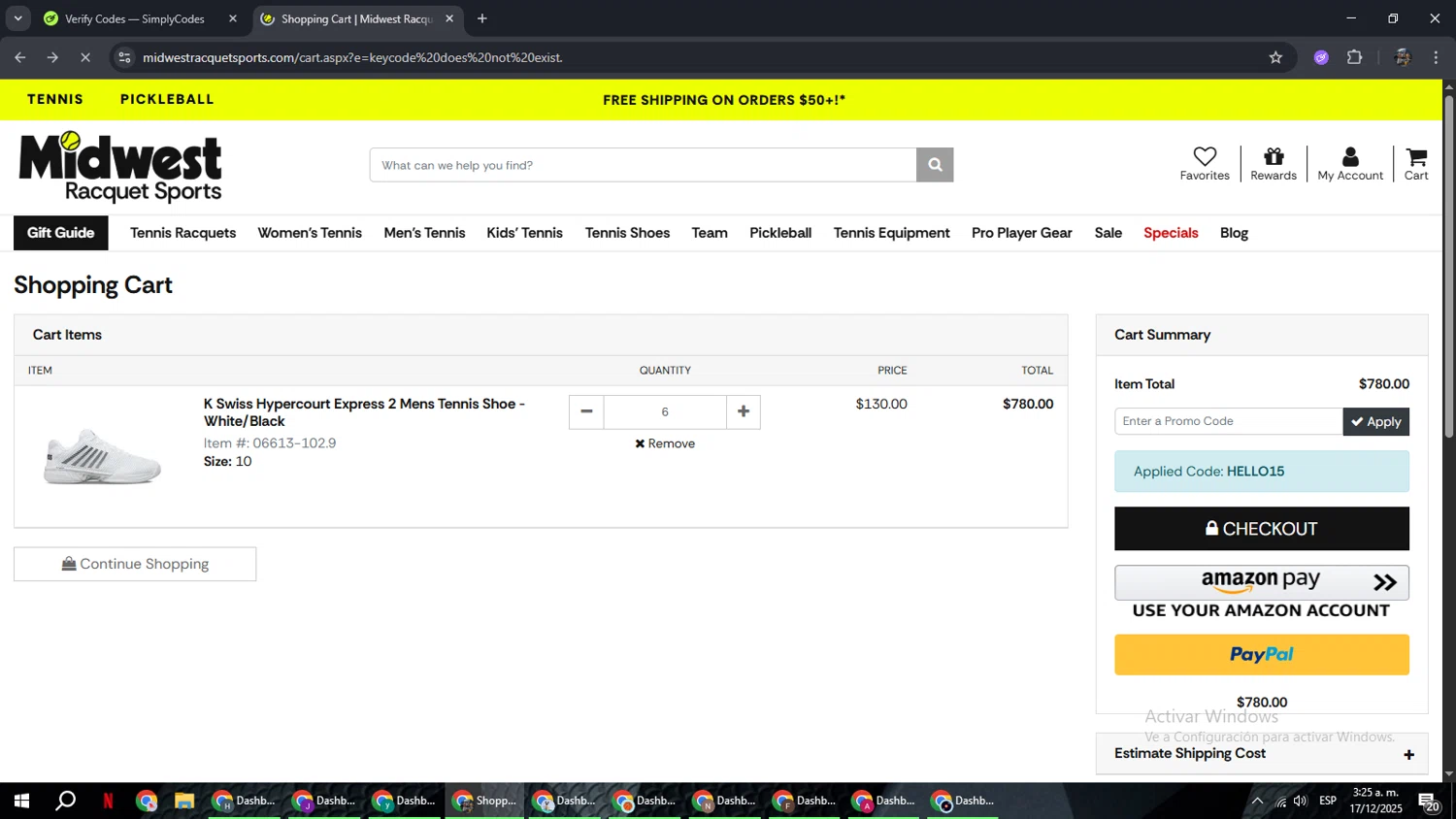 Midwest Racquet Sports promo code screenshot showing code HELLO15 applied at Midwest Racquet Sports checkout page. Uploaded by SimplyCodes community member xxdddd on Dec 17, 2025