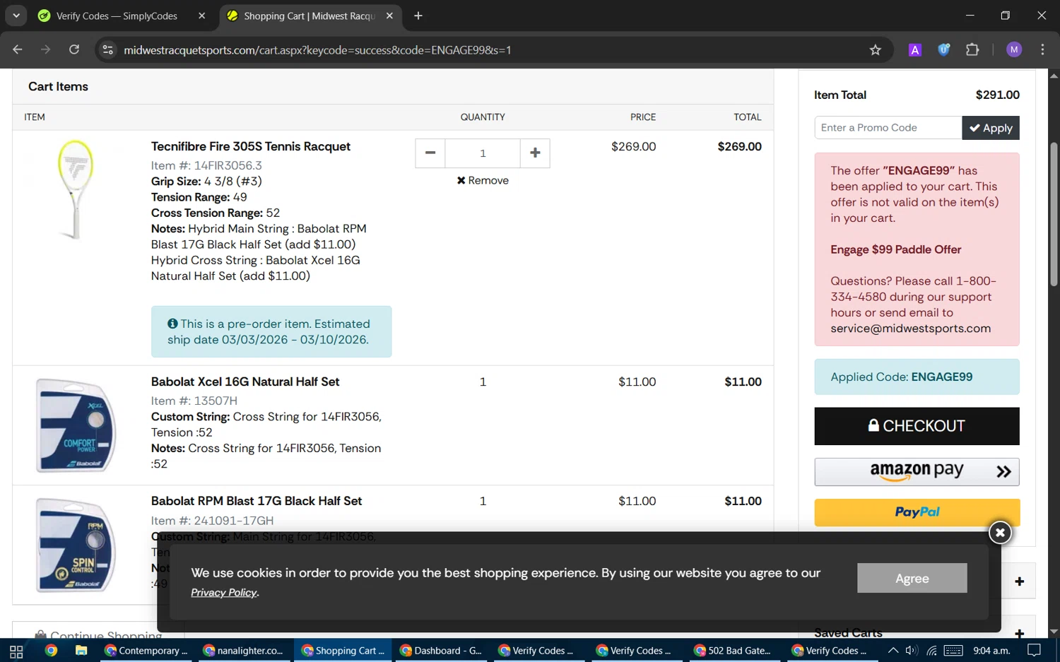 Midwest Racquet Sports checkout page showing Midwest Racquet Sports promo code box | Screenshot taken by SimplyCodes community member on Feb 18, 2026