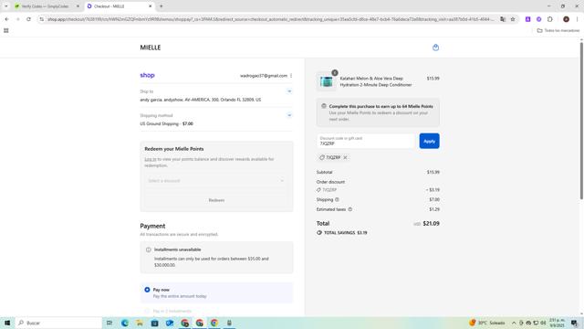 Mielle Organics checkout page showing Mielle Organics coupon code box | Screenshot taken by SimplyCodes community member on Sep 9, 2025