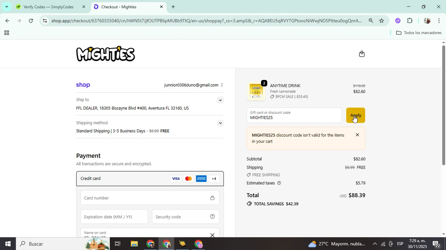 Mighties promo code screenshot showing code MIGHTIES25 applied at Mighties checkout page. Uploaded by SimplyCodes community member Mujerdejunnior on Nov 30, 2025