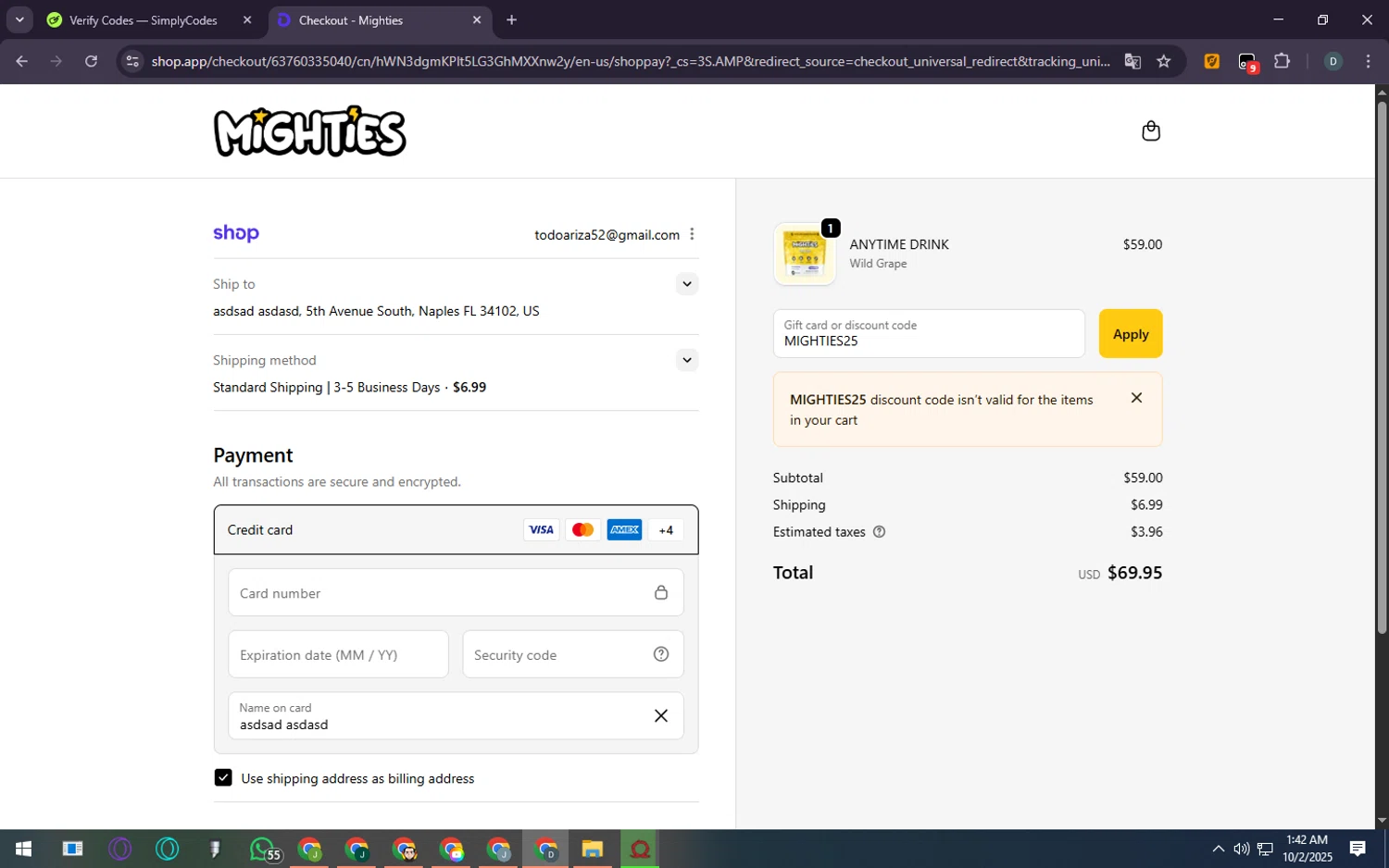 Mighties checkout page showing Mighties promo code box | Screenshot taken by SimplyCodes community member on Oct 2, 2025