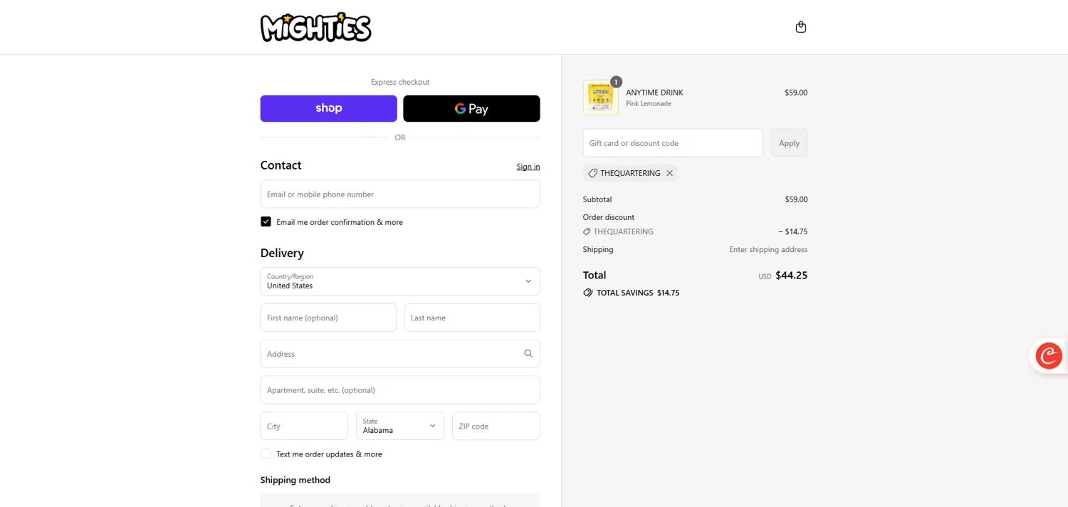 Mighties promo code screenshot showing code TheQuartering applied at Mighties checkout page. Uploaded by SimplyCodes community member ivantorres on Sep 11, 2025