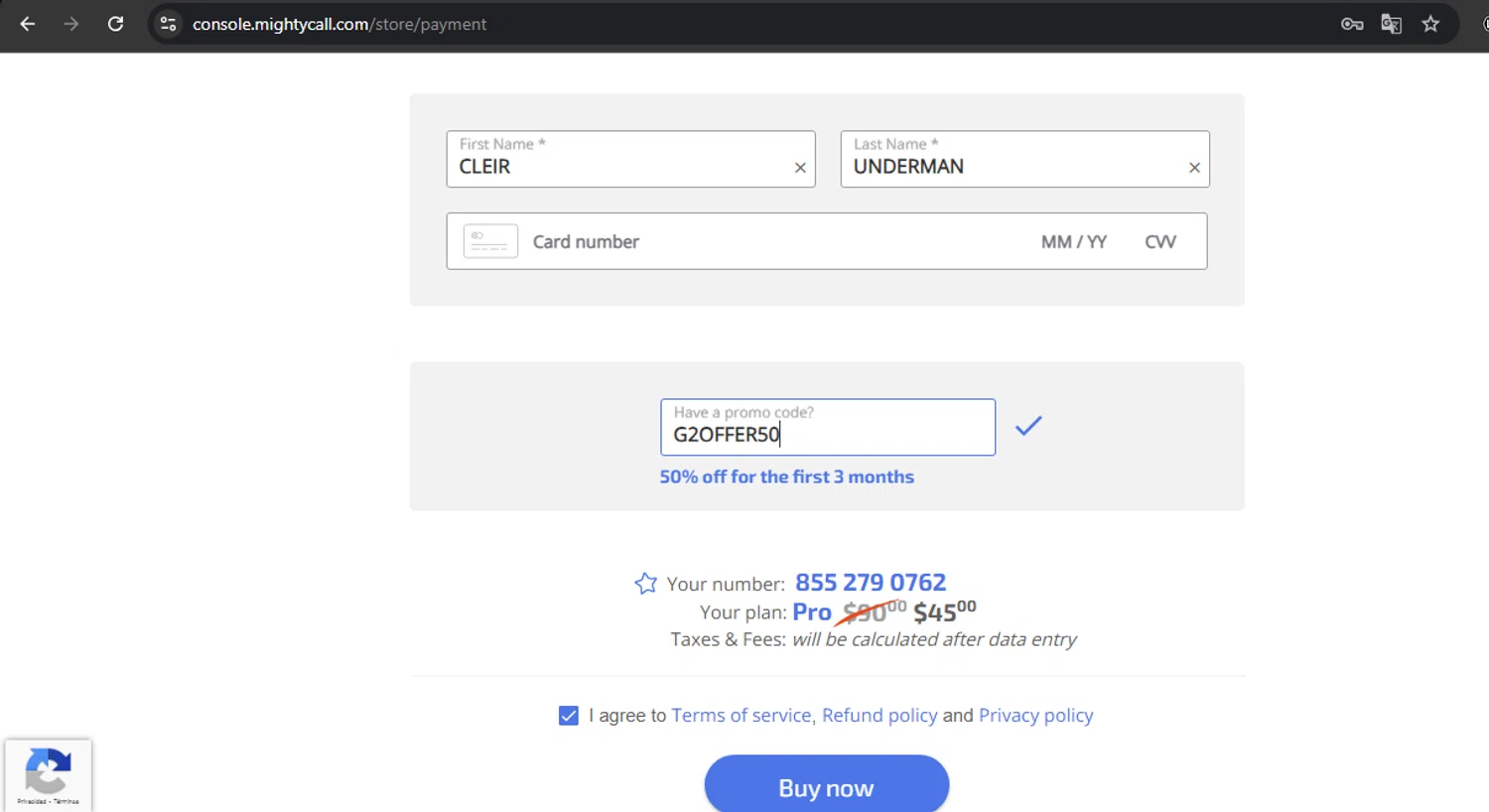 where to use MightyCall promo code box