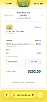 KINDCART10 coupon verification screenshot