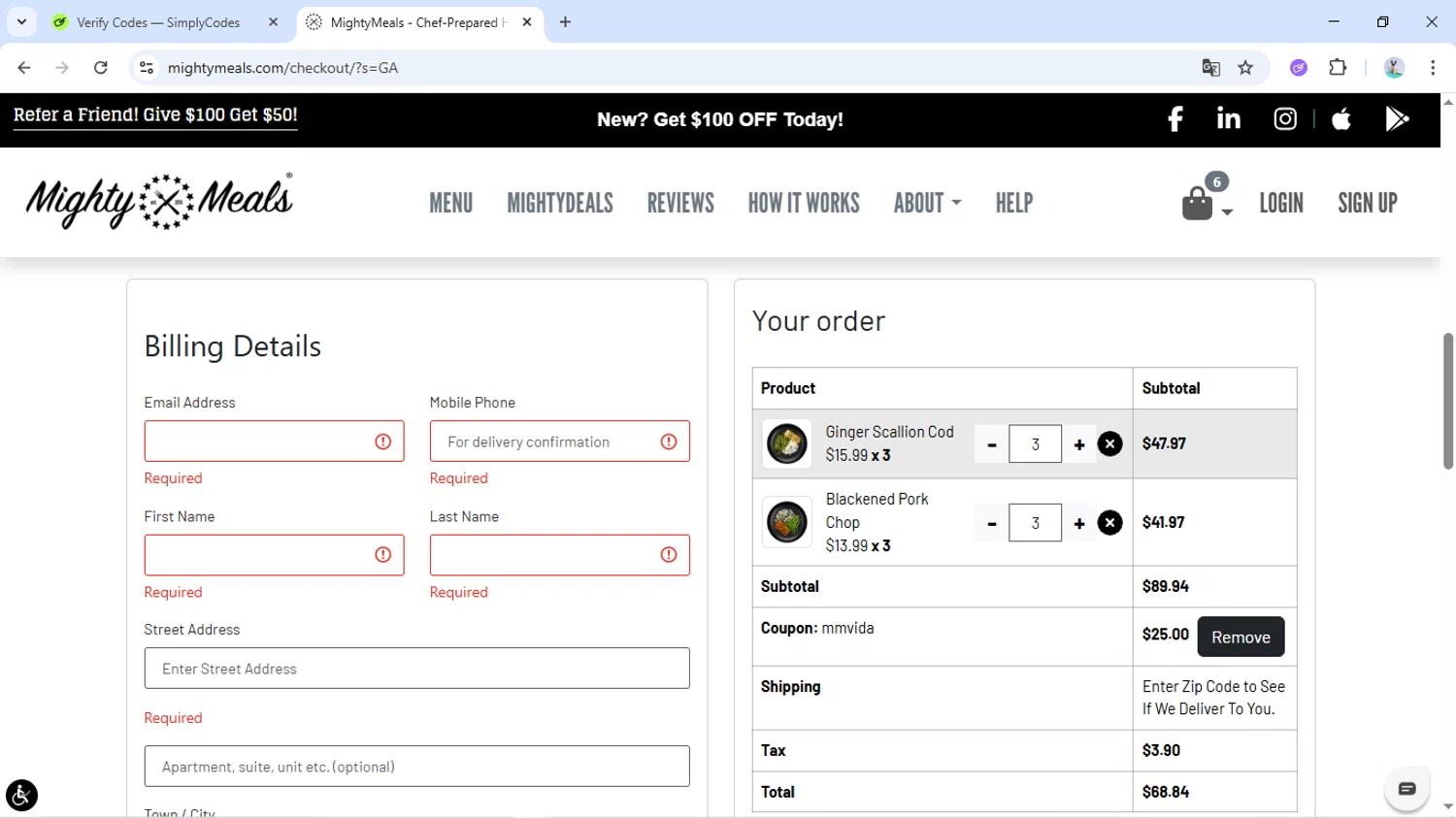 MightyMeals discount code screenshot showing code MMVIDA applied at MightyMeals checkout page. Uploaded by SimplyCodes community member MoneyMaverick9441 on May 27, 2025