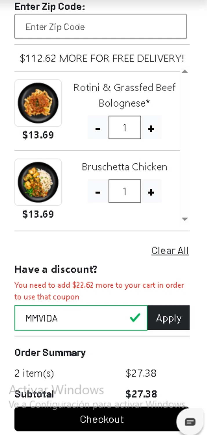 MightyMeals discount code screenshot showing code MMVIDA applied at MightyMeals checkout page. Uploaded by SimplyCodes community member RebateKnight7691 on Jun 24, 2025