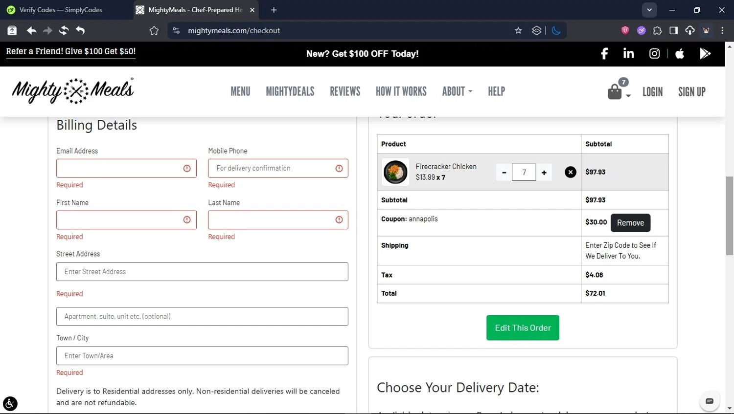 MightyMeals discount code screenshot showing code ANNAPOLIS applied at MightyMeals checkout page. Uploaded by SimplyCodes community member LegendaryCollector6259 on Jun 24, 2025
