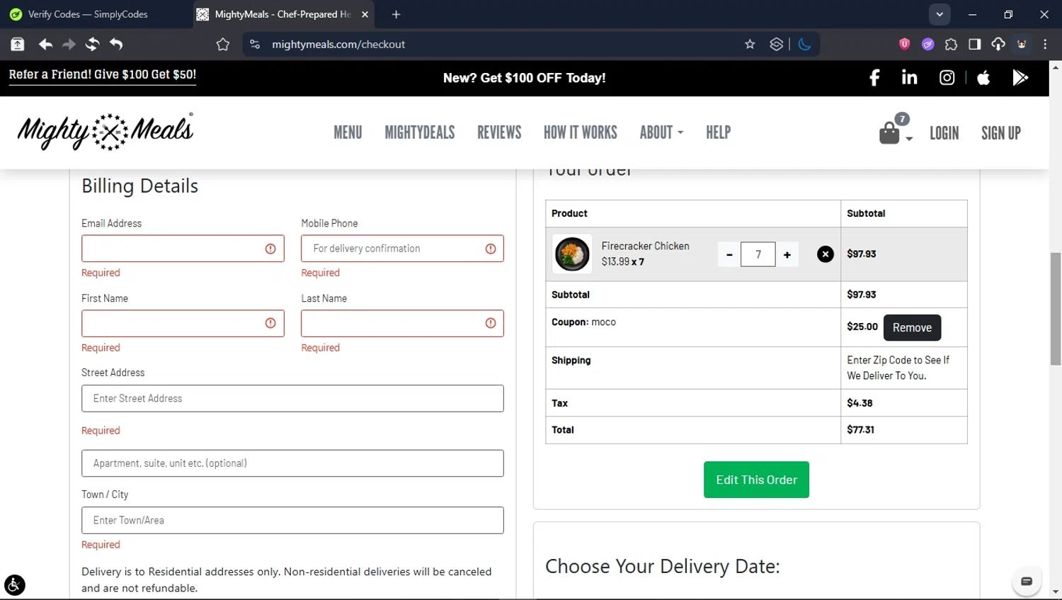 MightyMeals discount code screenshot showing code MOCO applied at MightyMeals checkout page. Uploaded by SimplyCodes community member LegendaryCollector6259 on Jun 24, 2025
