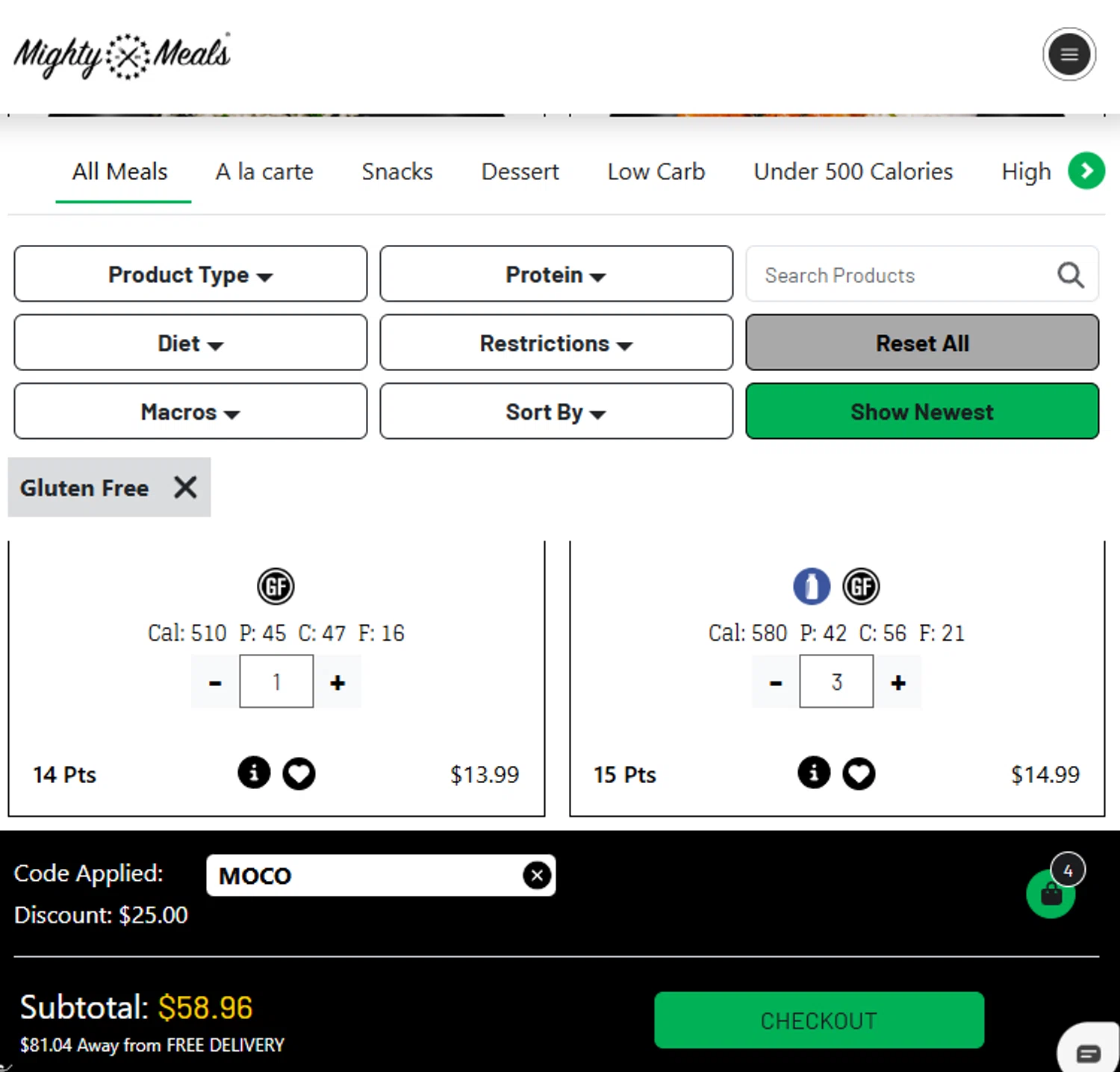 MightyMeals discount code screenshot showing code MOCO applied at MightyMeals checkout page. Uploaded by SimplyCodes community member CrownSleuth7125 on May 20, 2025