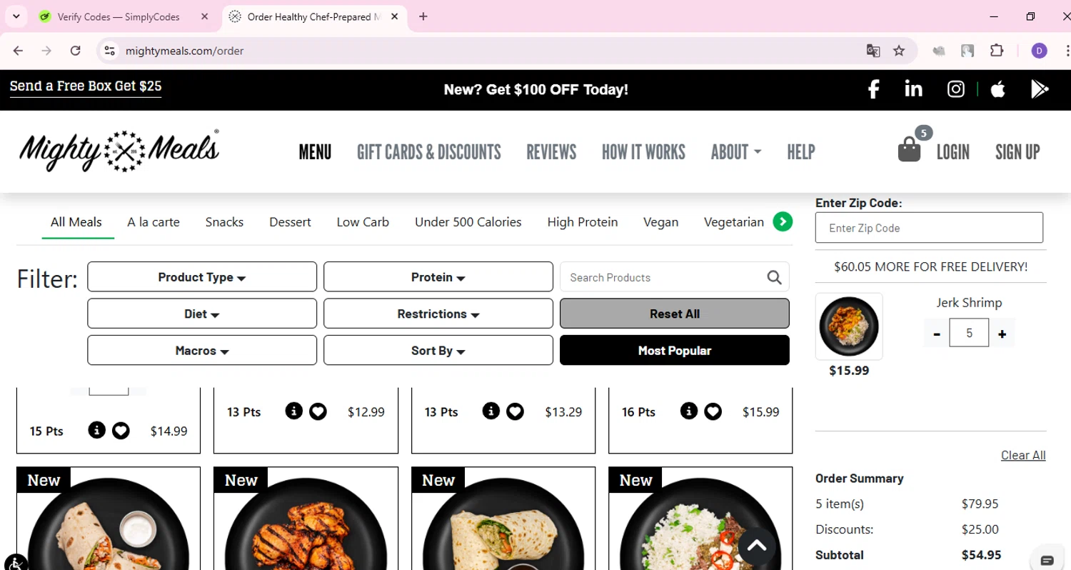 MightyMeals discount code screenshot showing code MOCO applied at MightyMeals checkout page. Uploaded by SimplyCodes community member ShieldCurator2100 on Jan 19, 2025