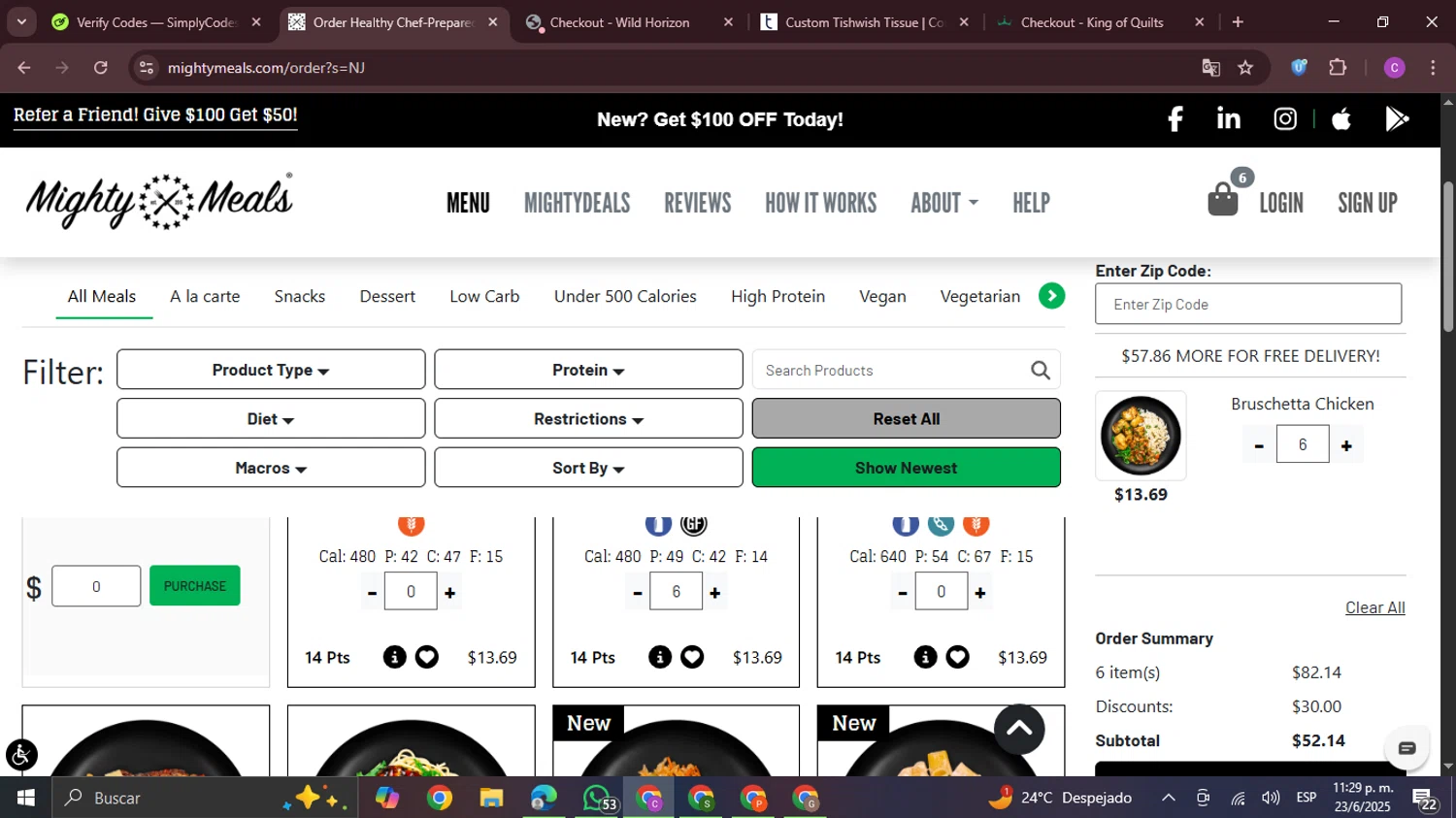 MightyMeals discount code screenshot showing code MEAL60 applied at MightyMeals checkout page. Uploaded by SimplyCodes community member FrugalPro5078 on Jun 24, 2025