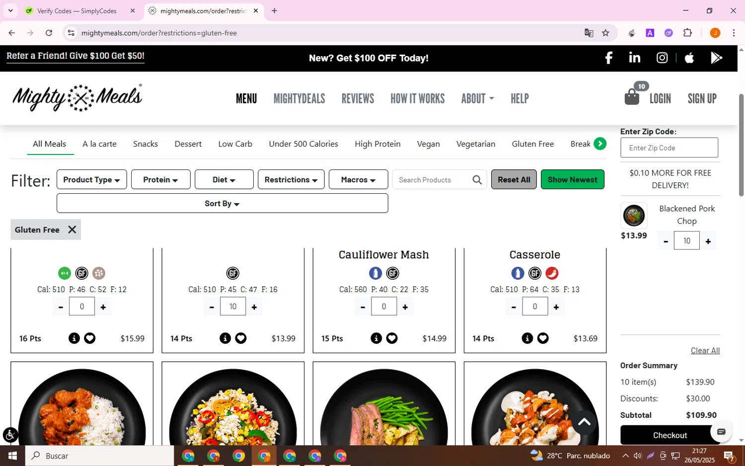 MightyMeals discount code screenshot showing code MEAL60 applied at MightyMeals checkout page. Uploaded by SimplyCodes community member PromoWizard9762 on May 27, 2025