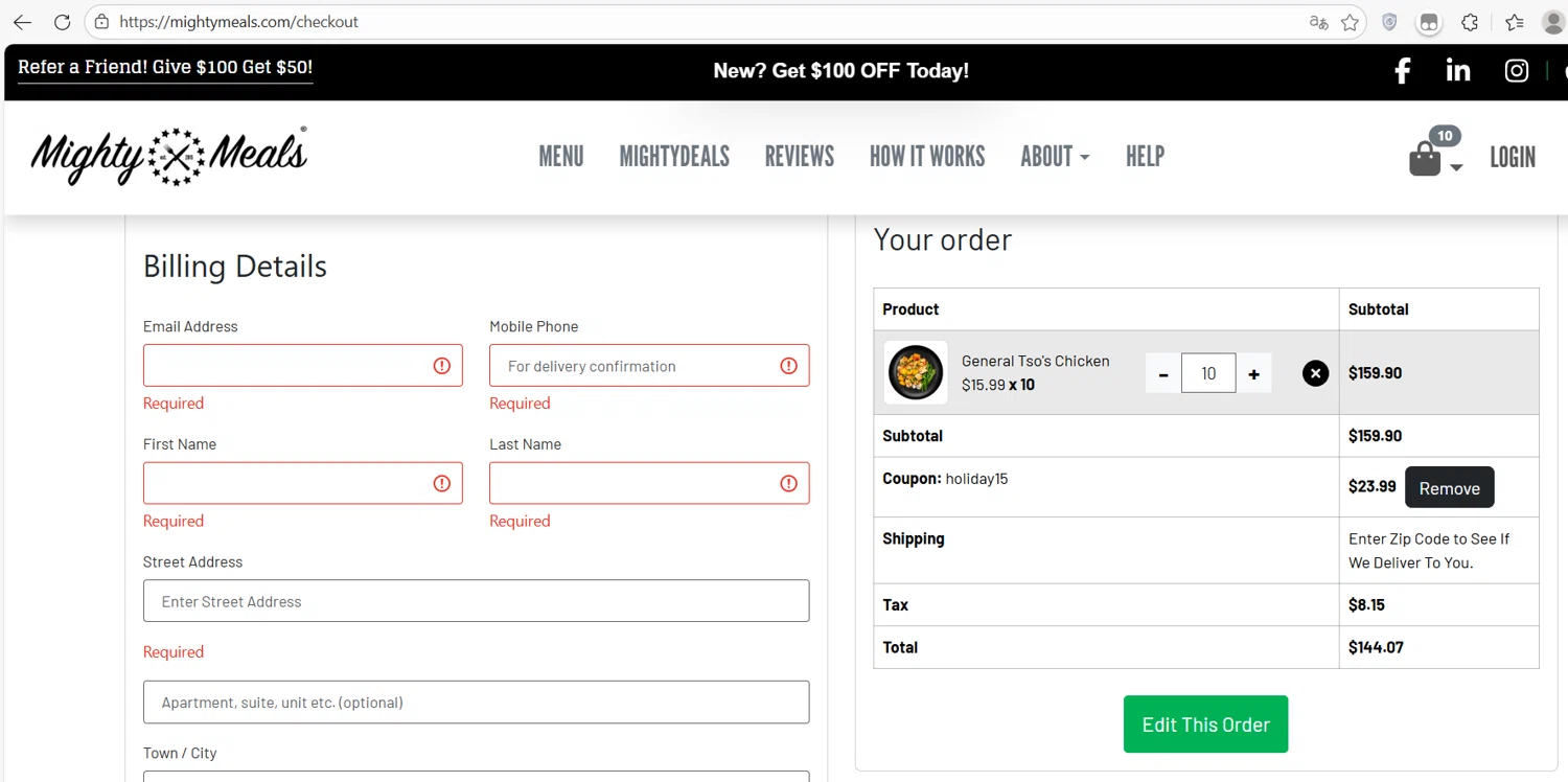 MightyMeals checkout page showing MightyMeals discount code box | Screenshot taken by SimplyCodes community member on Dec 15, 2025